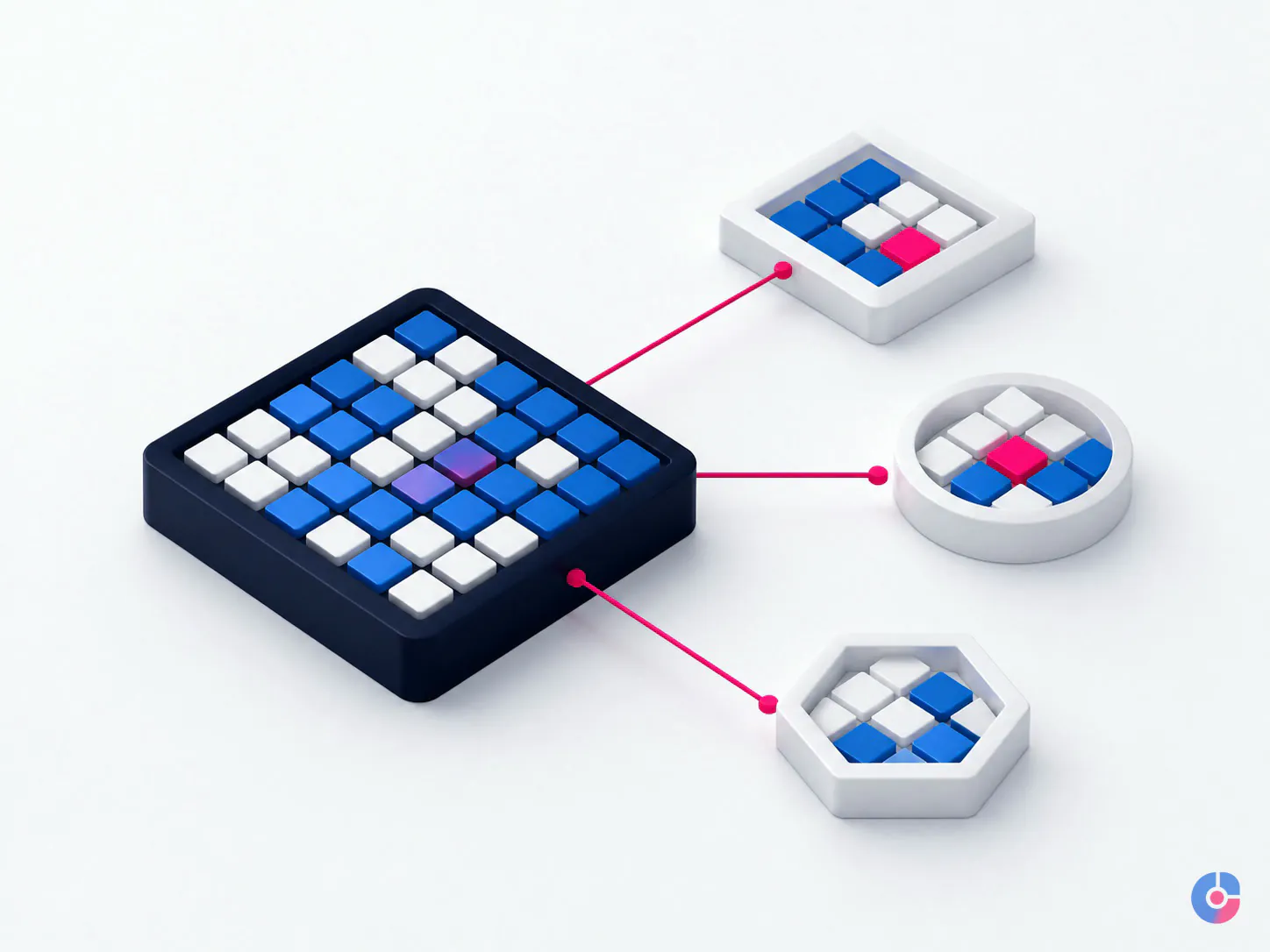 Isometric concept mapping one master product record to several sales channels
