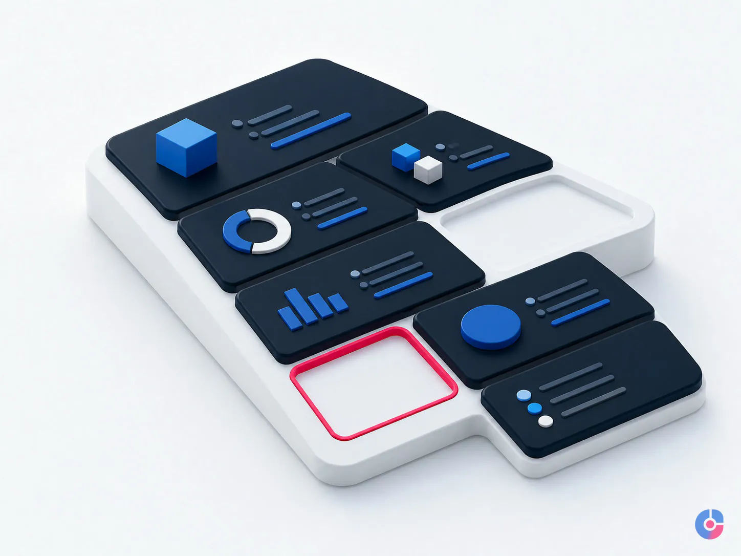 Isometric render of a product record with missing attribute fields highlighted