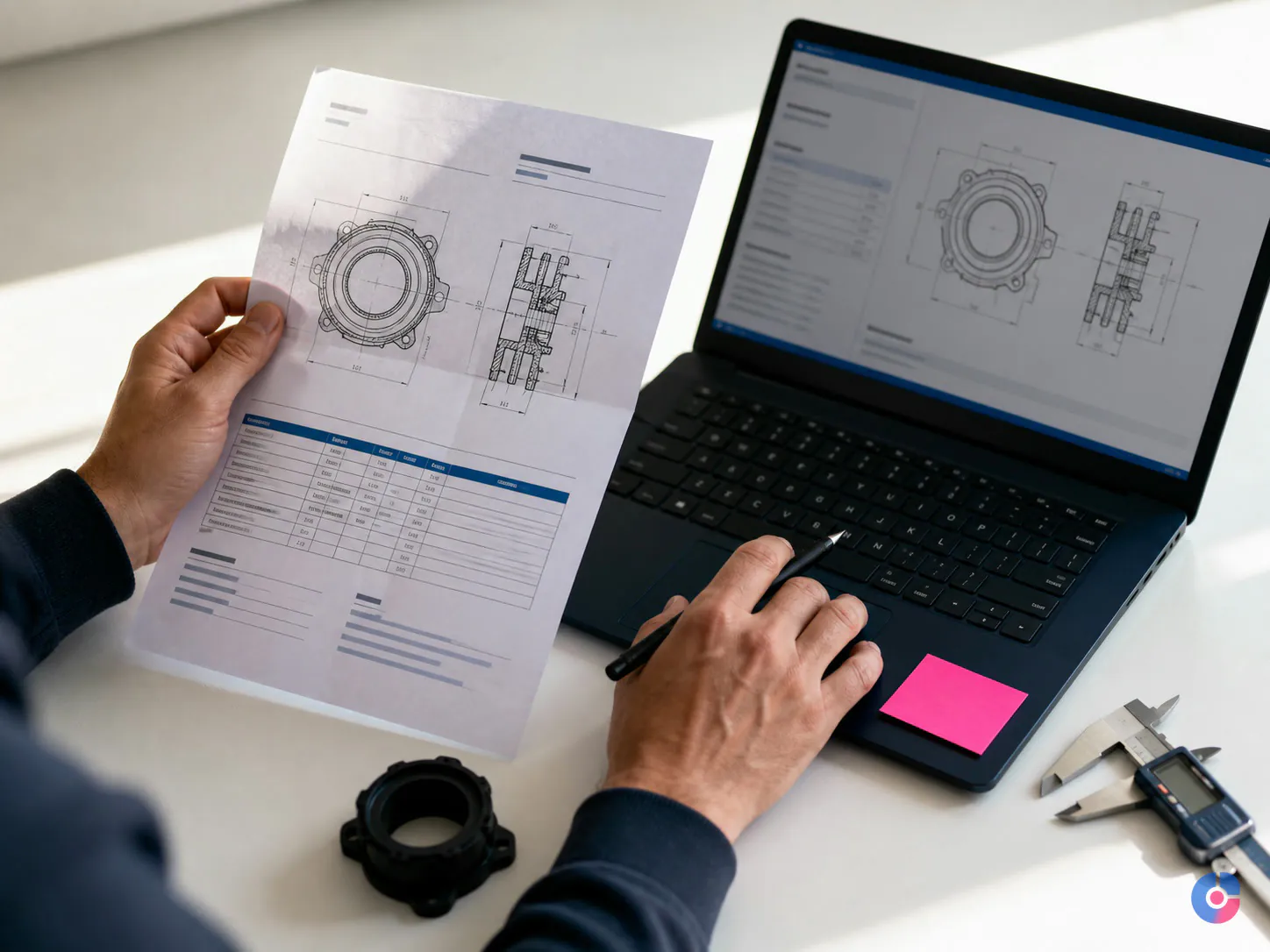 Hands verifying product specifications against a manufacturer document during data entry