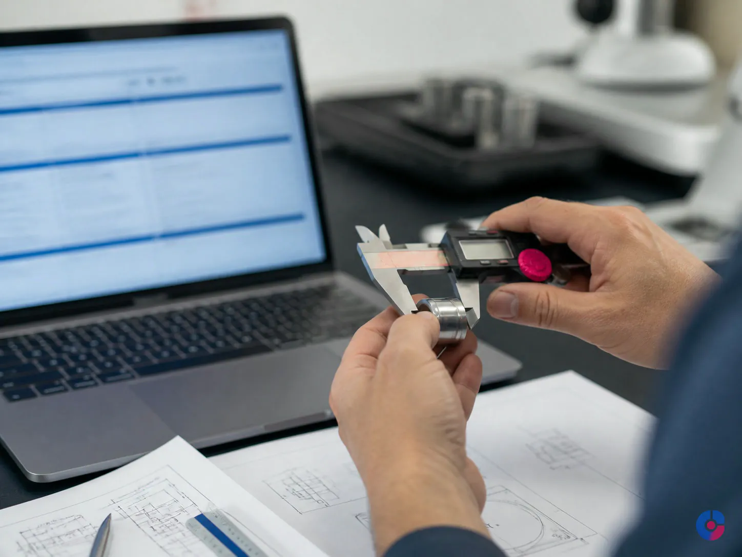 Hands measuring a product to verify specification data for a catalogue record