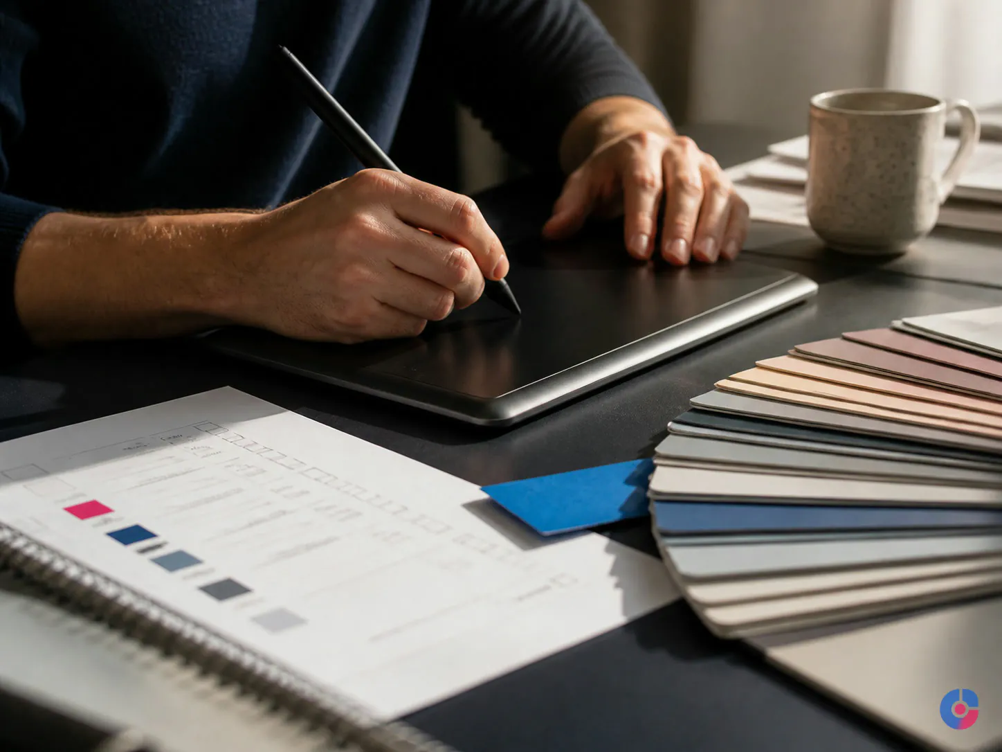 Designer hands on a tablet beside colour swatches and a printed brand checklist