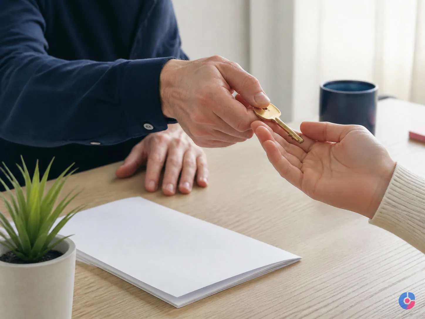 Close-up of a house key handed over at closing after a coordinated real estate transaction