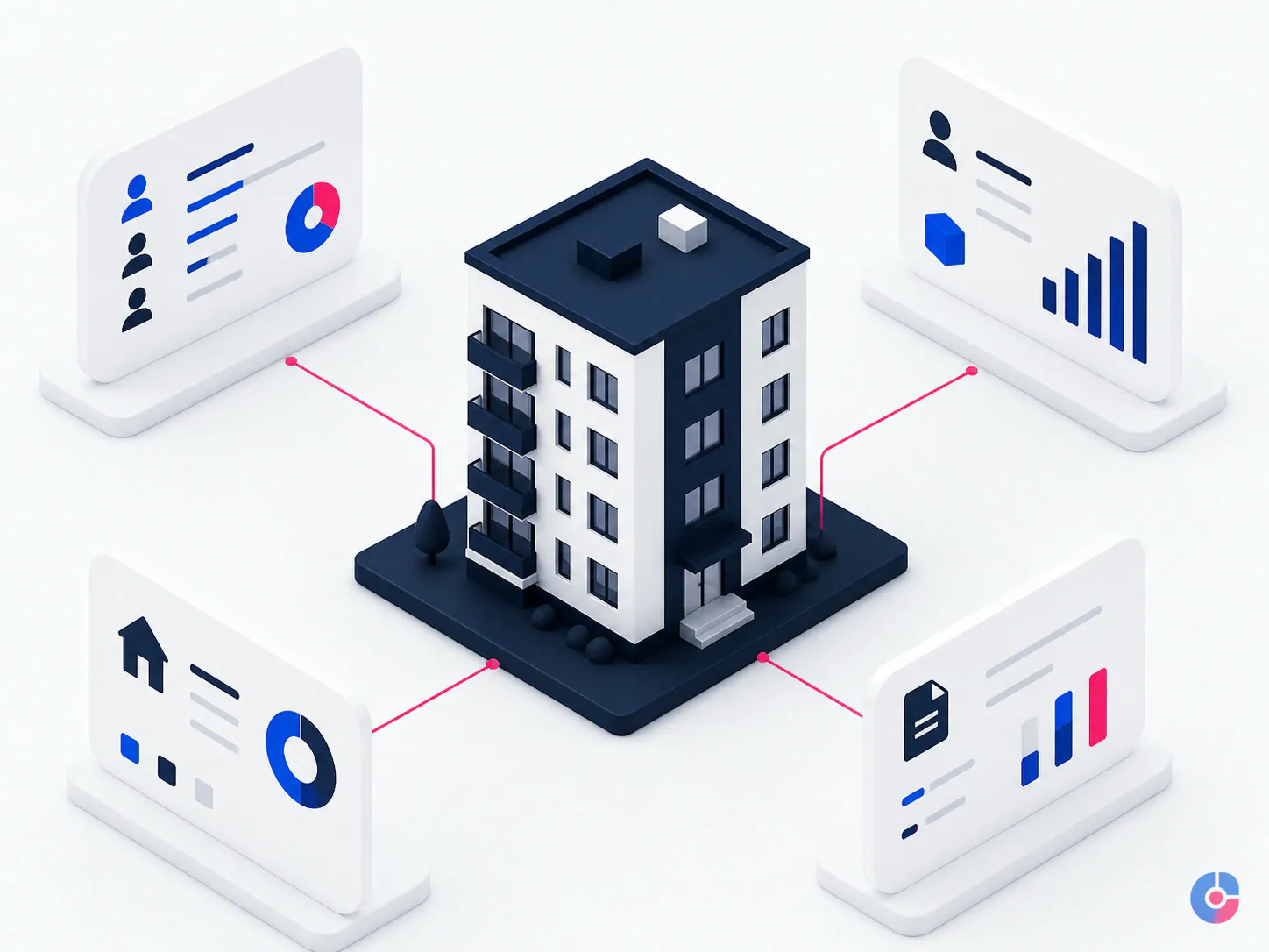 Isometric render linking a residential property to tenant, vendor, owner and record workflows