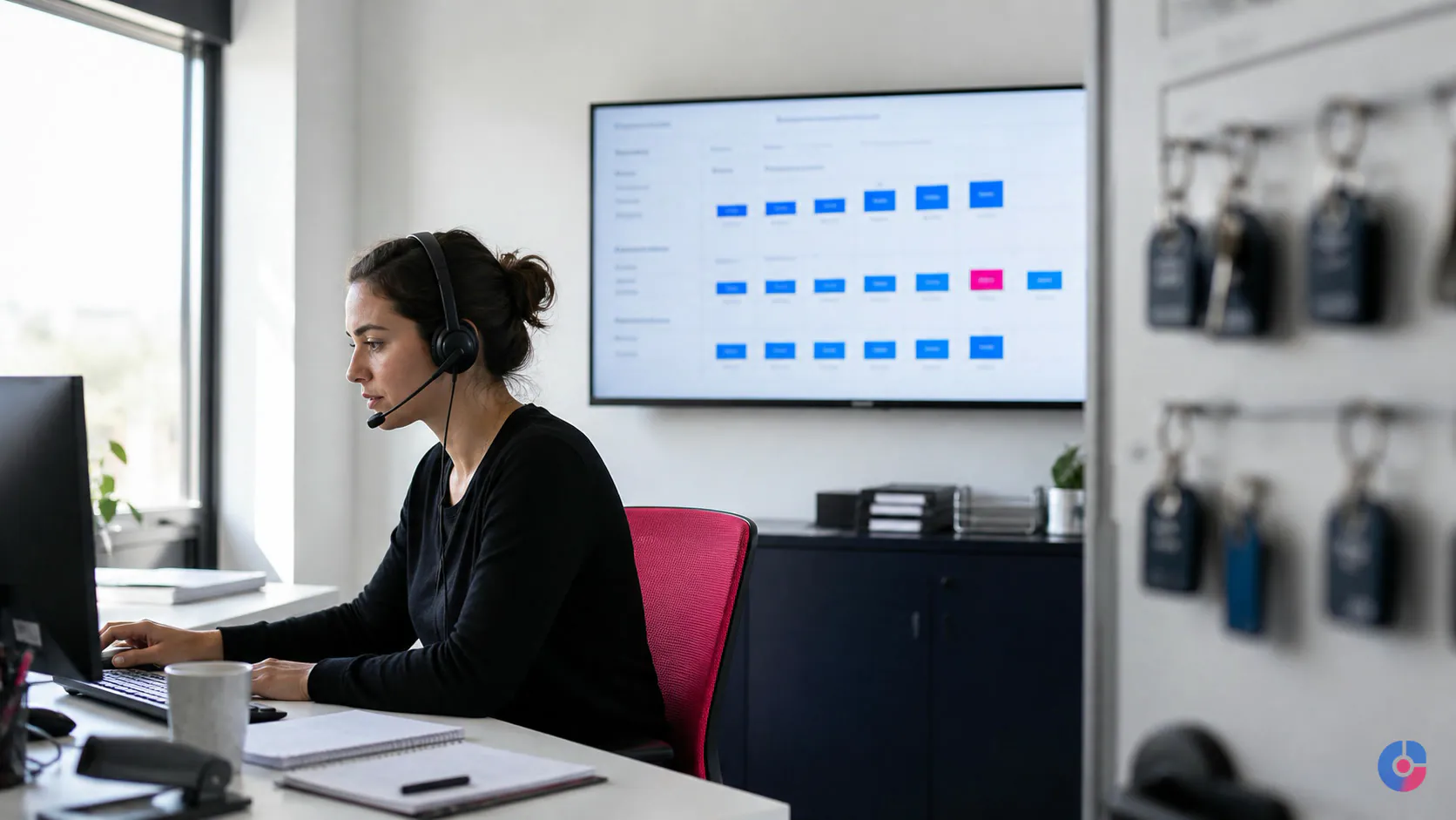 Property management coordinator handling tenant and maintenance queues from a bright office desk
