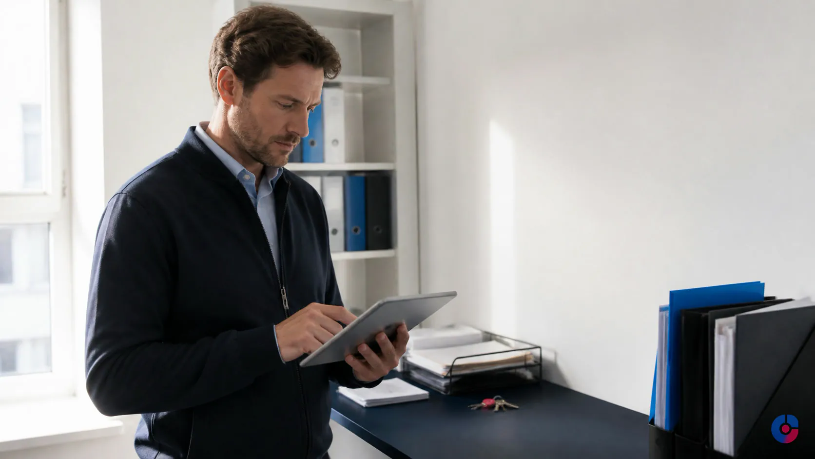 Property manager reviewing a maintenance schedule on a tablet in the office