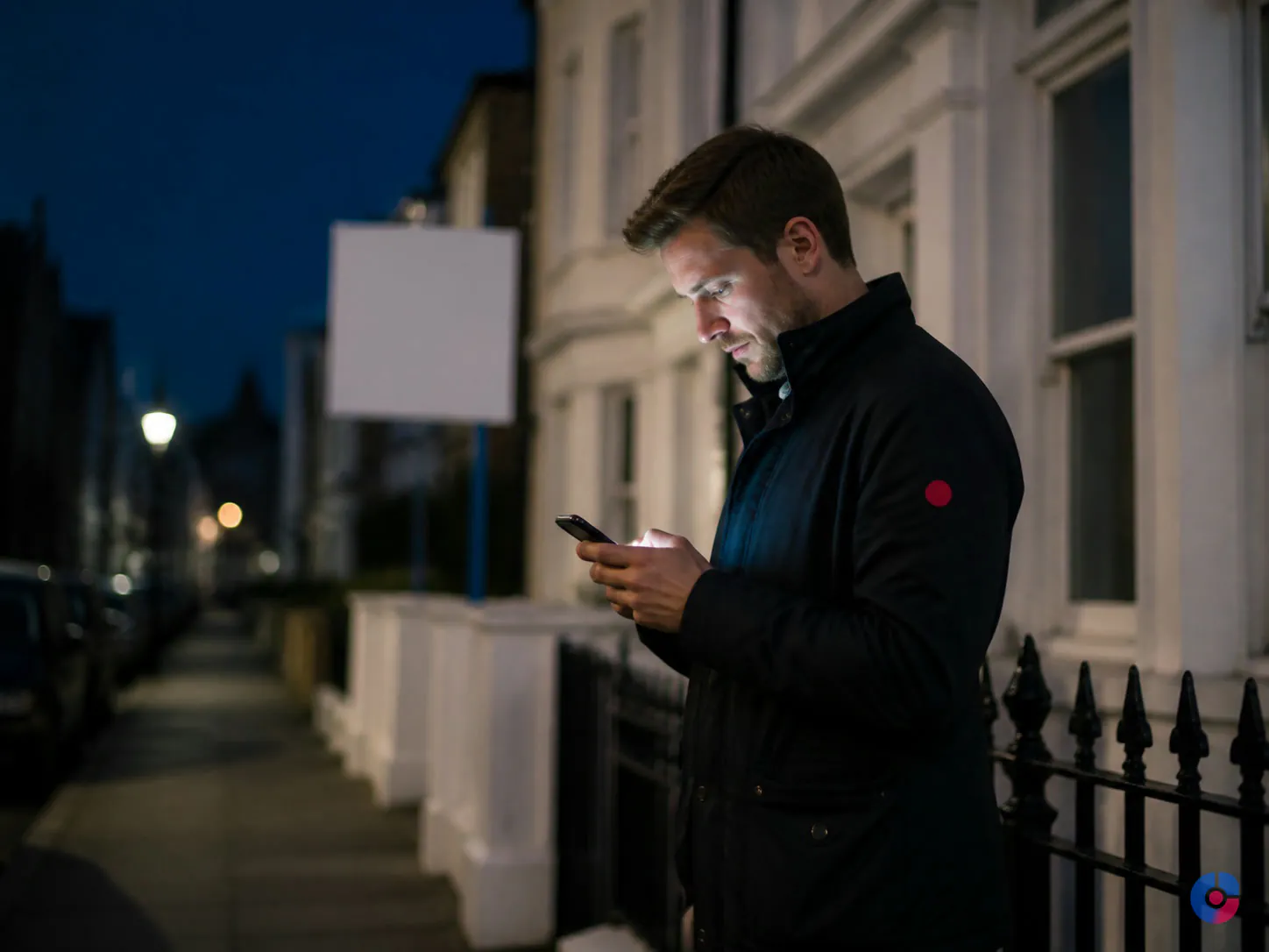Property seller checking options on a phone outside a house at dusk