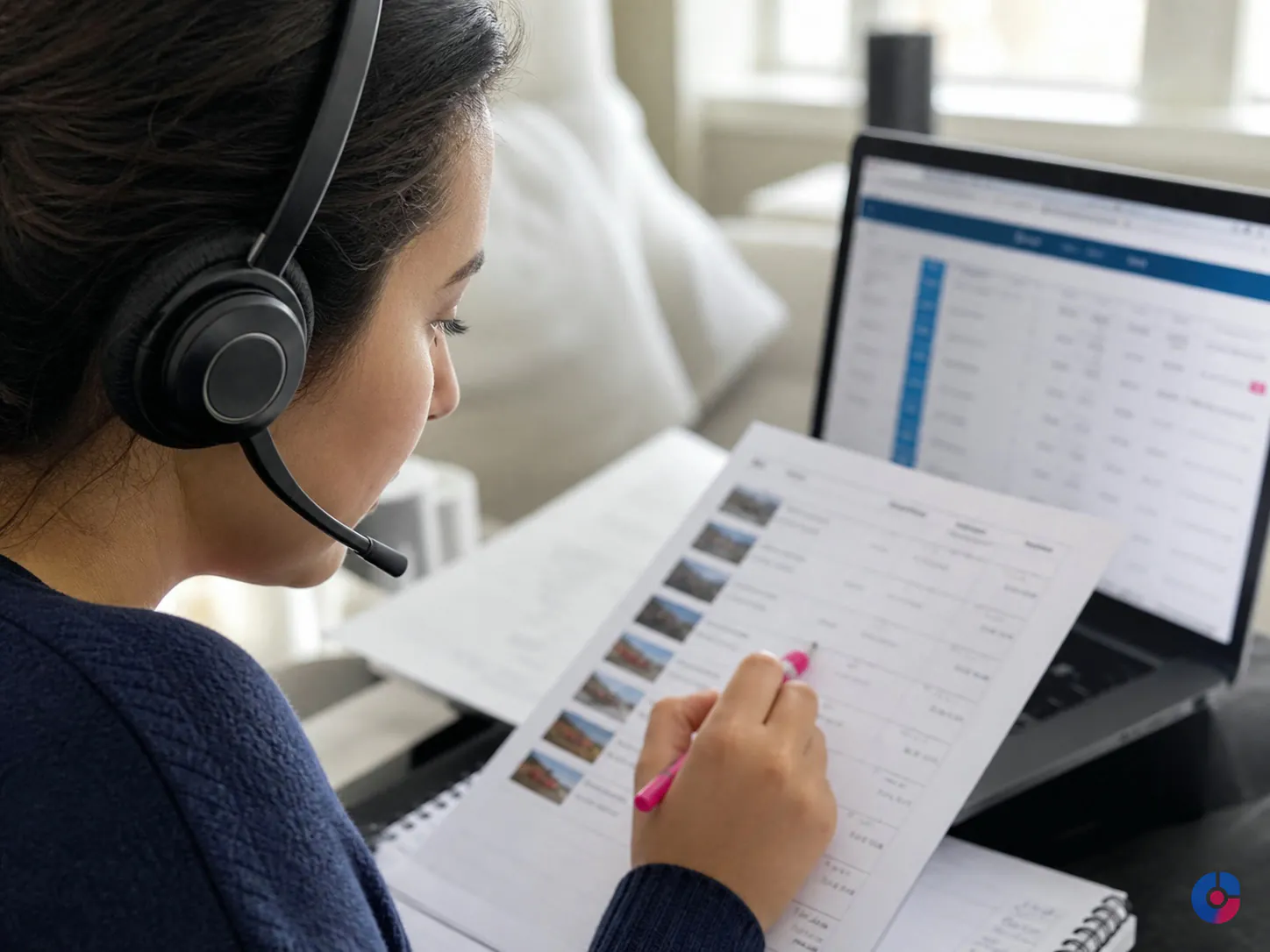 Support coordinator handling a tenant call while updating a property job tracker