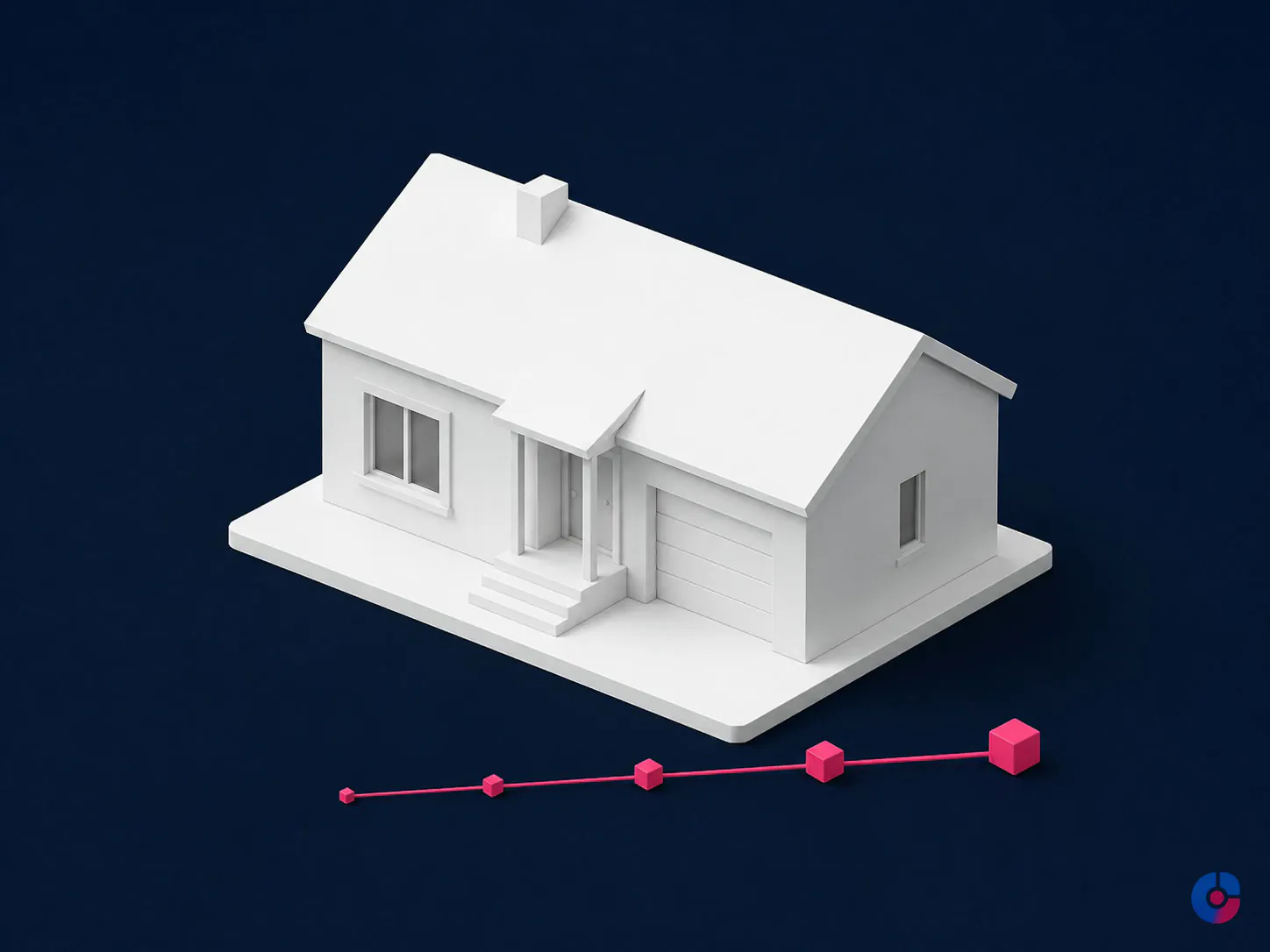 Isometric render of a property sale timeline marked with five coordination milestones