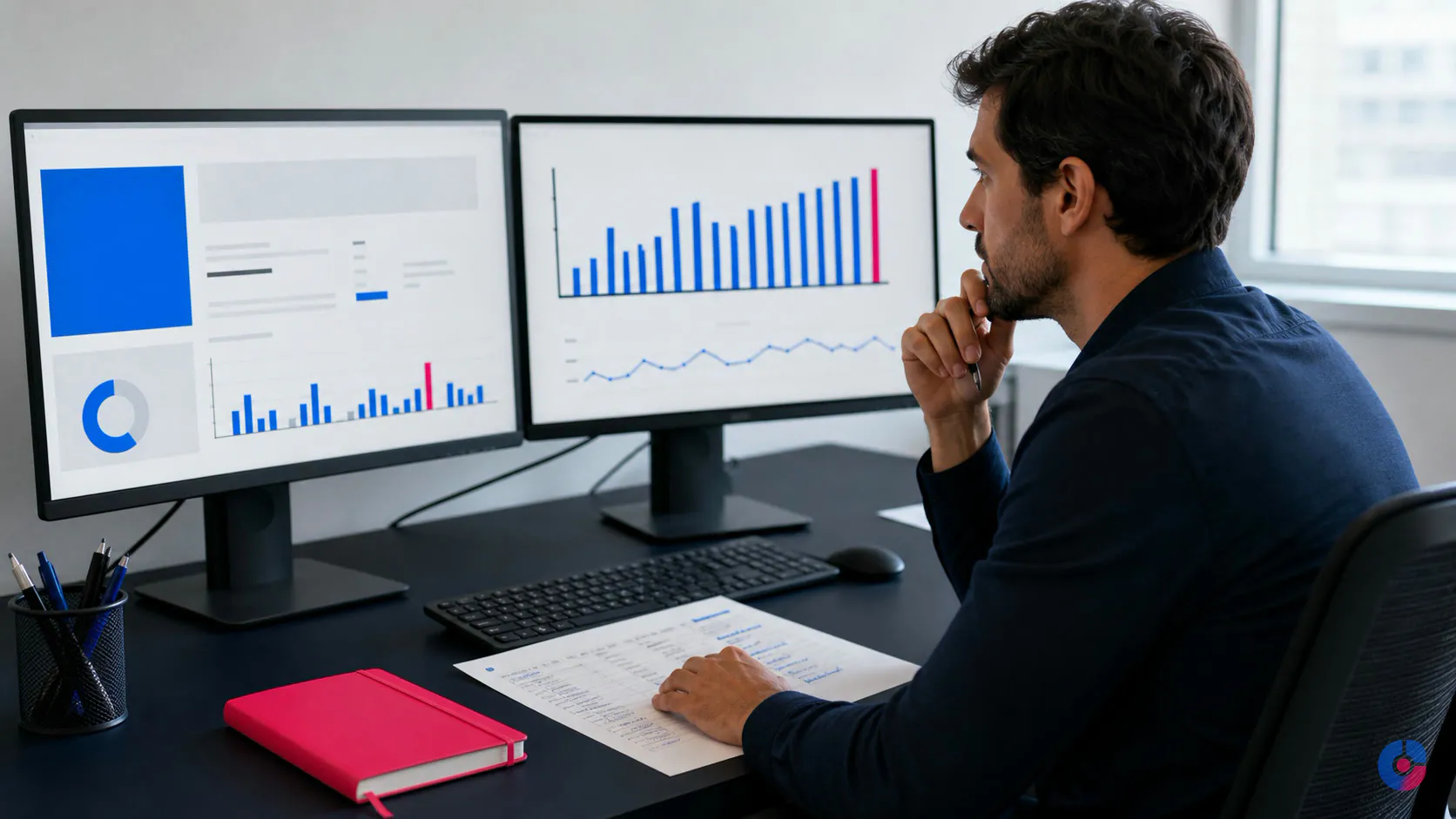 Sales researcher building account profiles for outbound prospecting at a two-screen desk