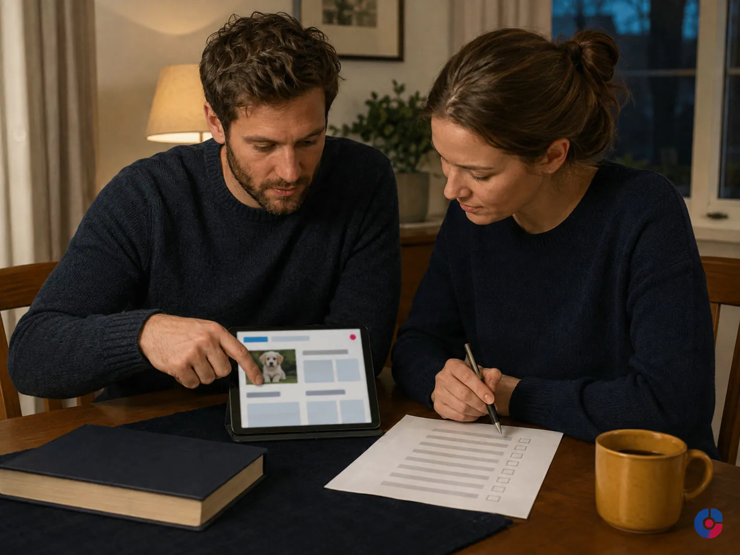 Couple researching breeders together on a phone at home in the evening