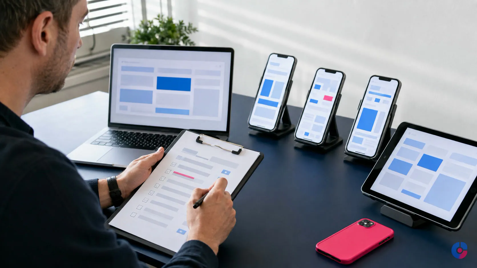 QA tester working through a release checklist across multiple phones and tablets
