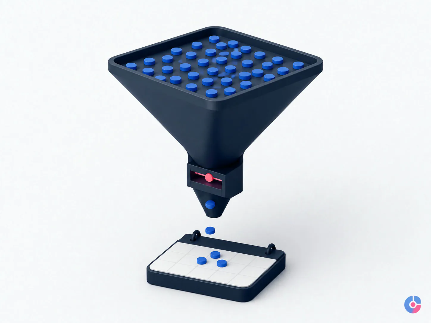 Isometric funnel render showing calls narrowing into qualified attended appointments
