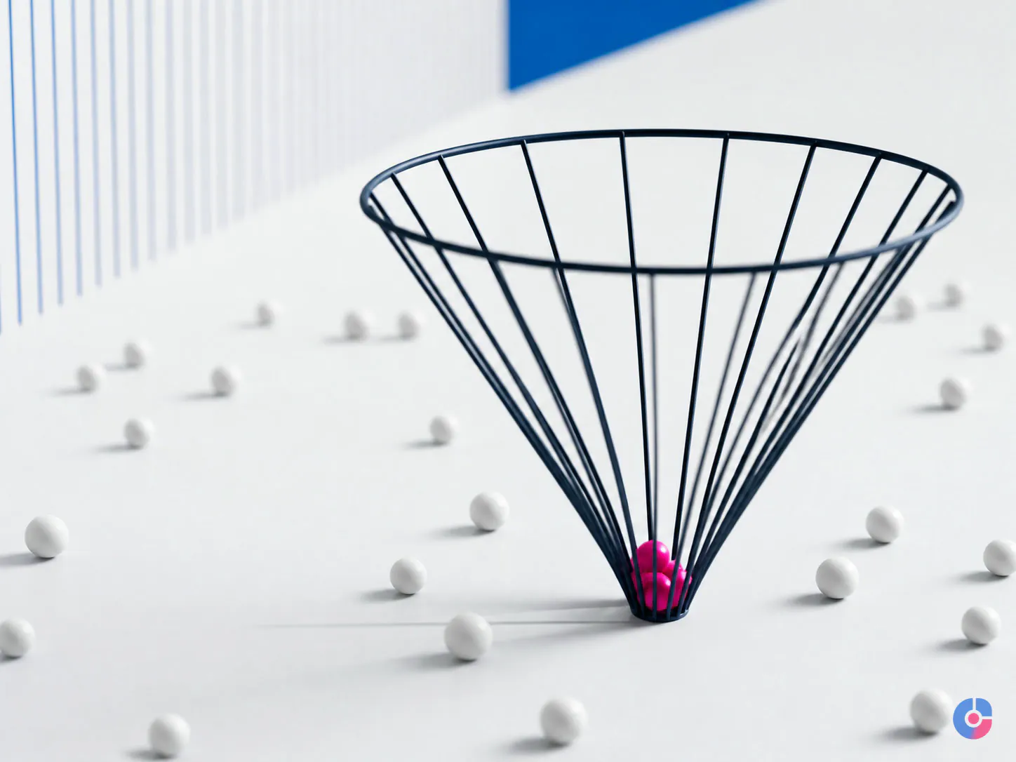 Abstract funnel with a small cluster representing genuinely qualified B2B leads