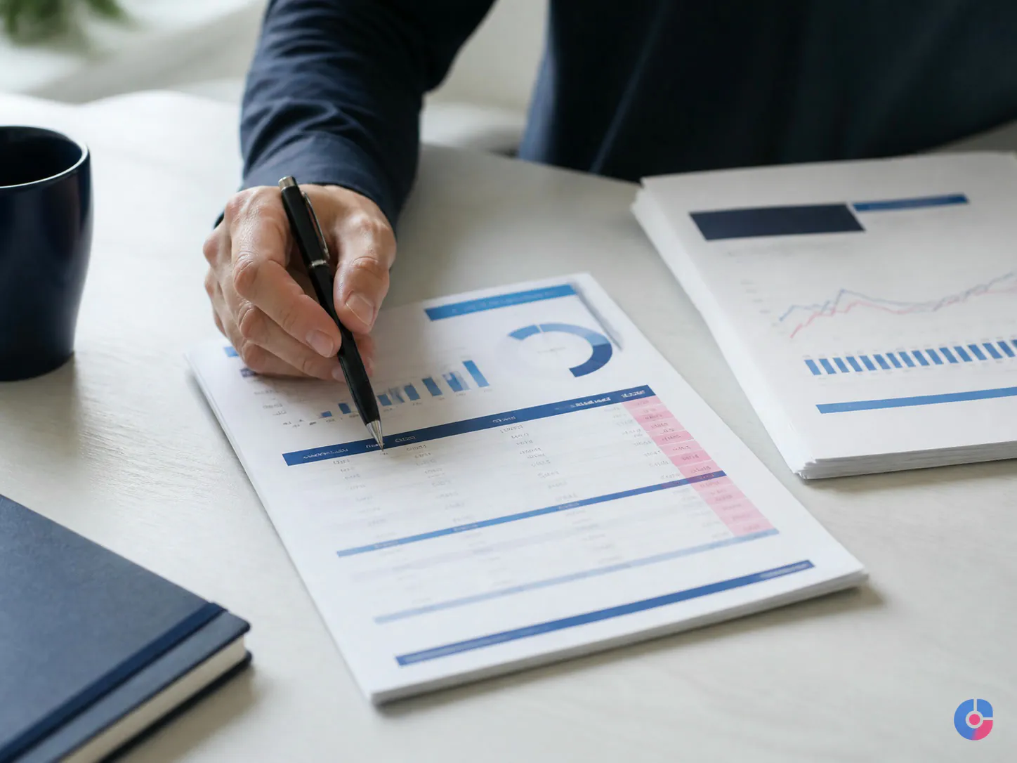Hand reviewing a printed SEO performance report to judge whether the work is working