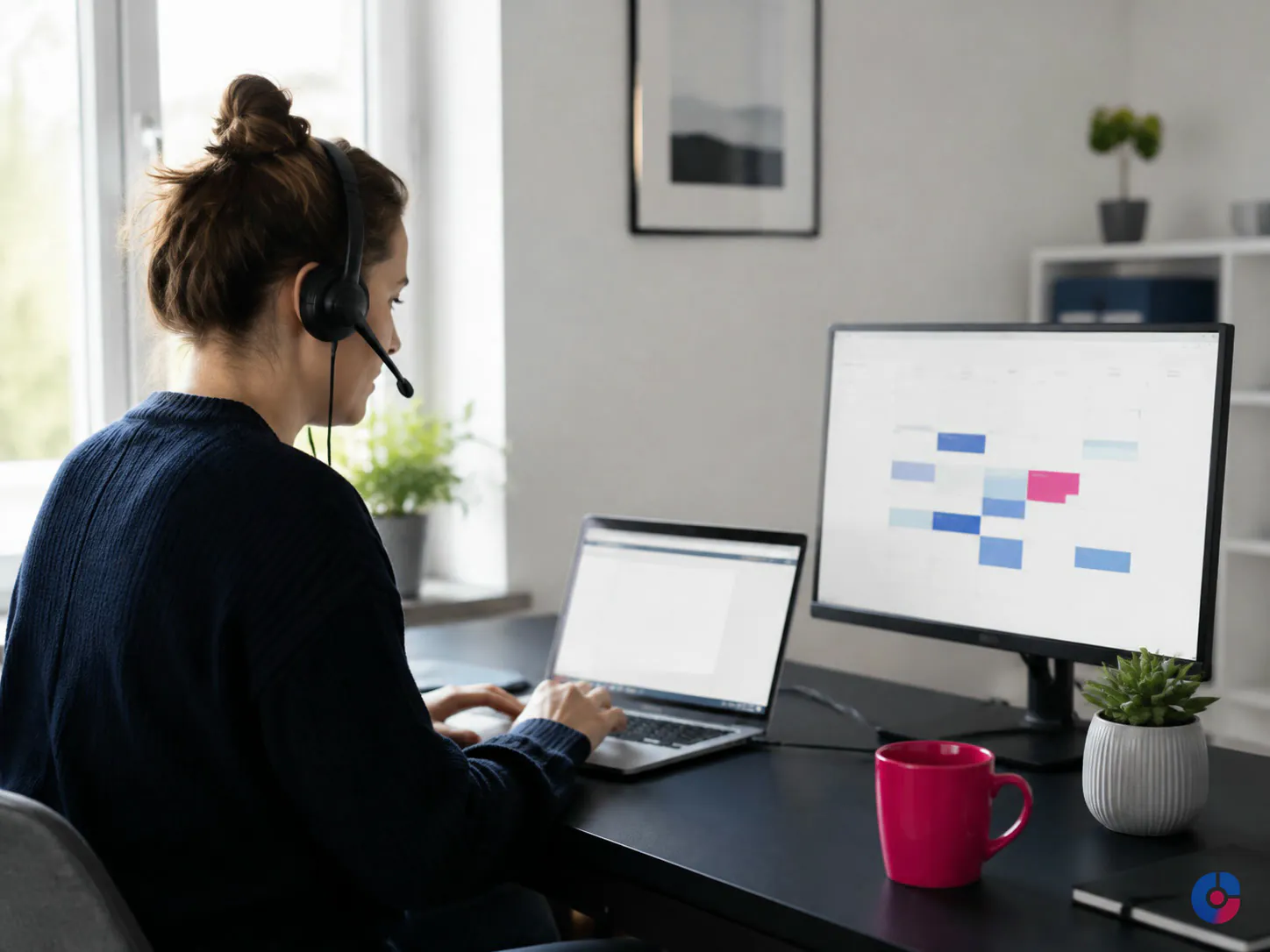 Remote real estate assistant coordinating viewings and enquiries from a home office desk