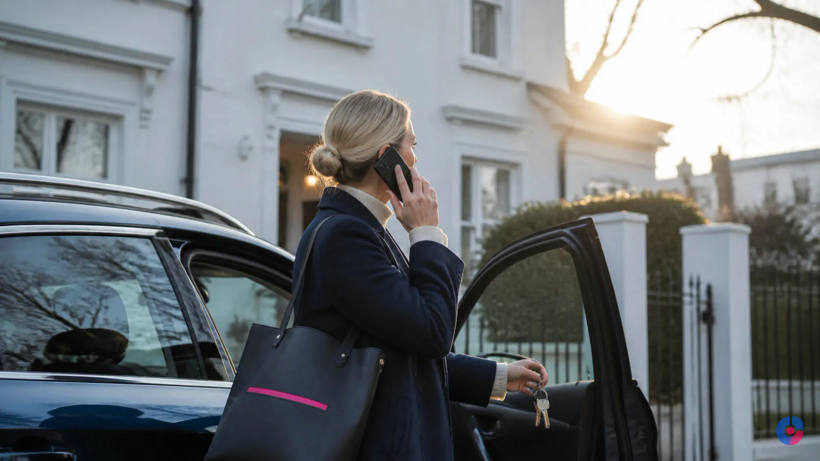 Estate agent taking a call outside a property between viewings during a busy day
