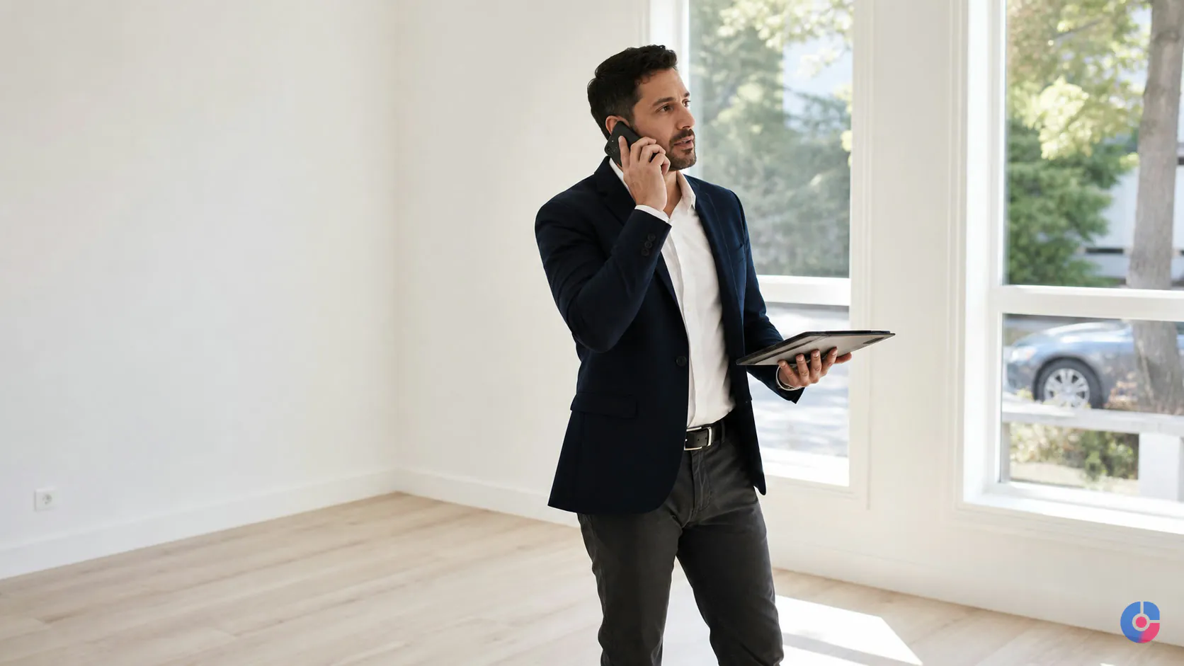 Real estate agent on a call while a virtual assistant handles viewing scheduling