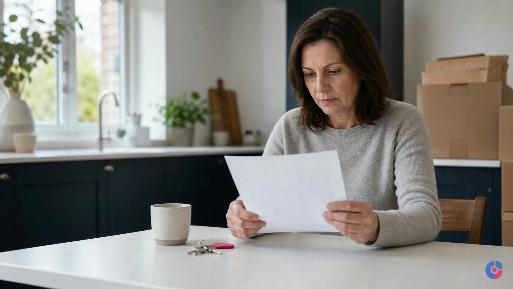 Homeowner reading property paperwork at a kitchen table while preparing to sell
