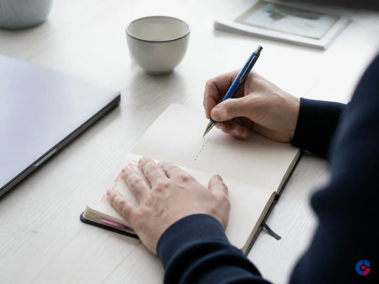 Hands drafting an admin task brief in a notebook beside a laptop