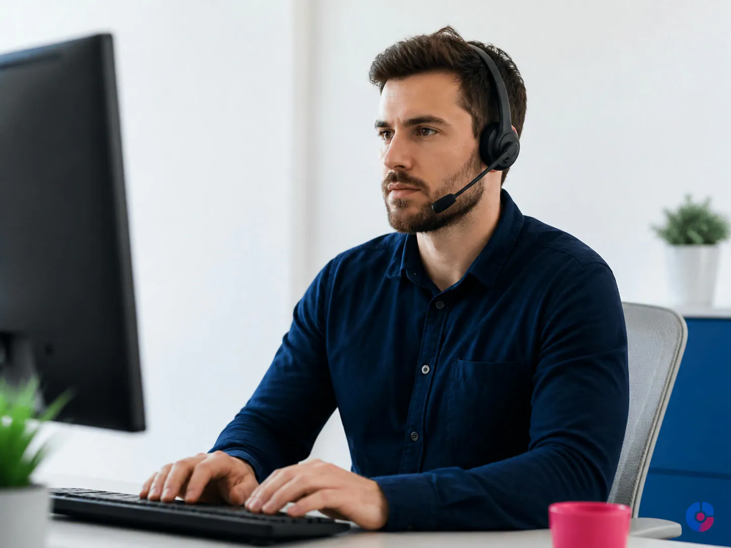 Remote employee handling a customer conversation in a communication-heavy role