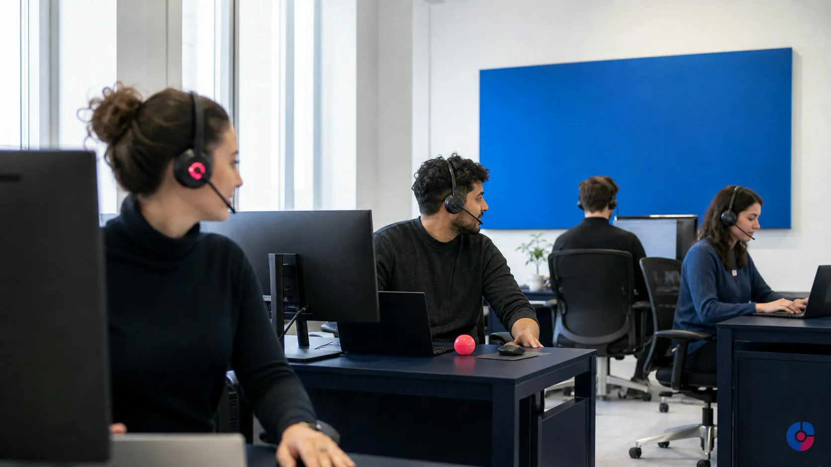 Remote customer support team of four handling tickets at headset-equipped desks
