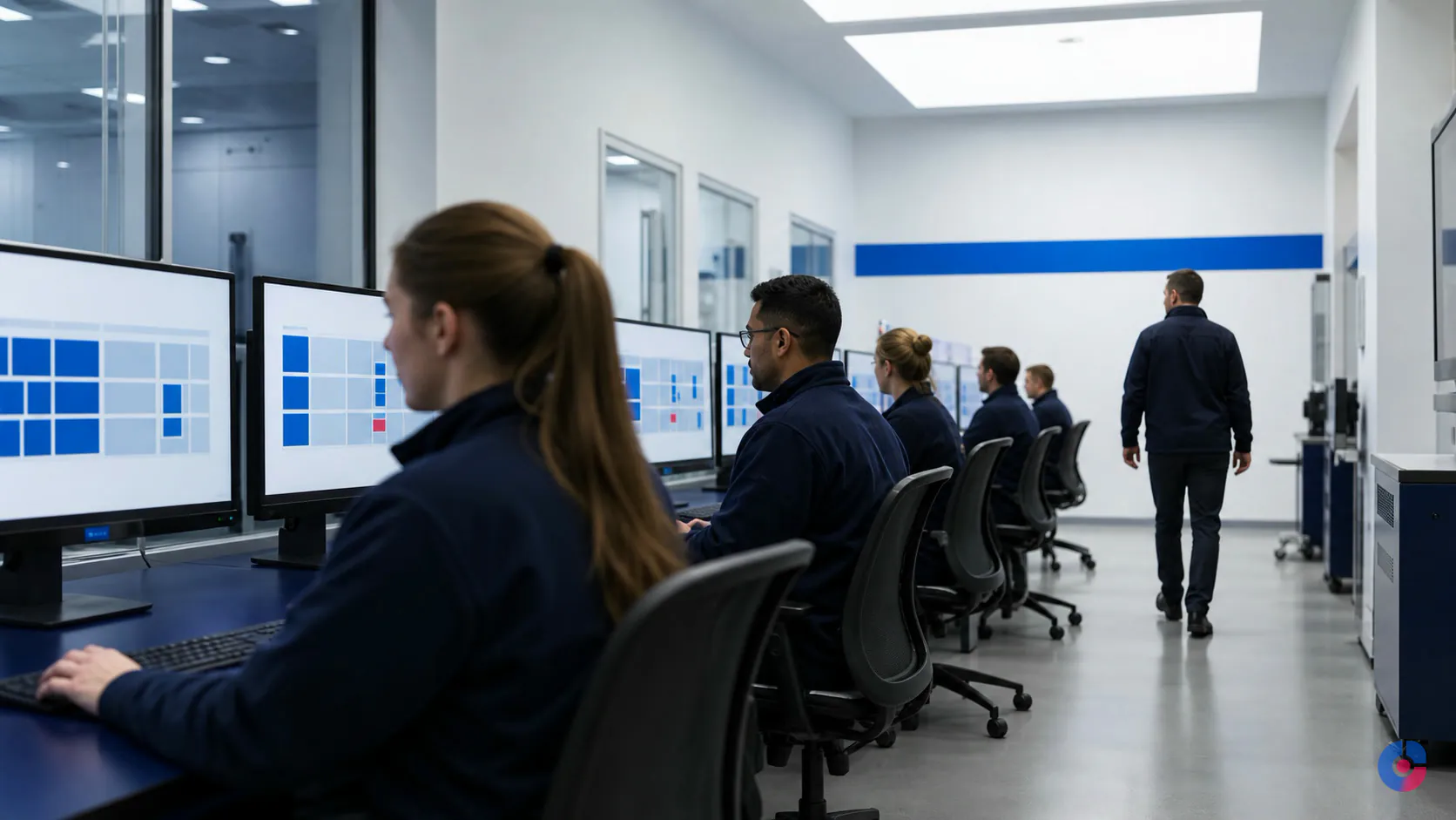 Row of data entry operators working at identical stations with a supervisor walking the aisle