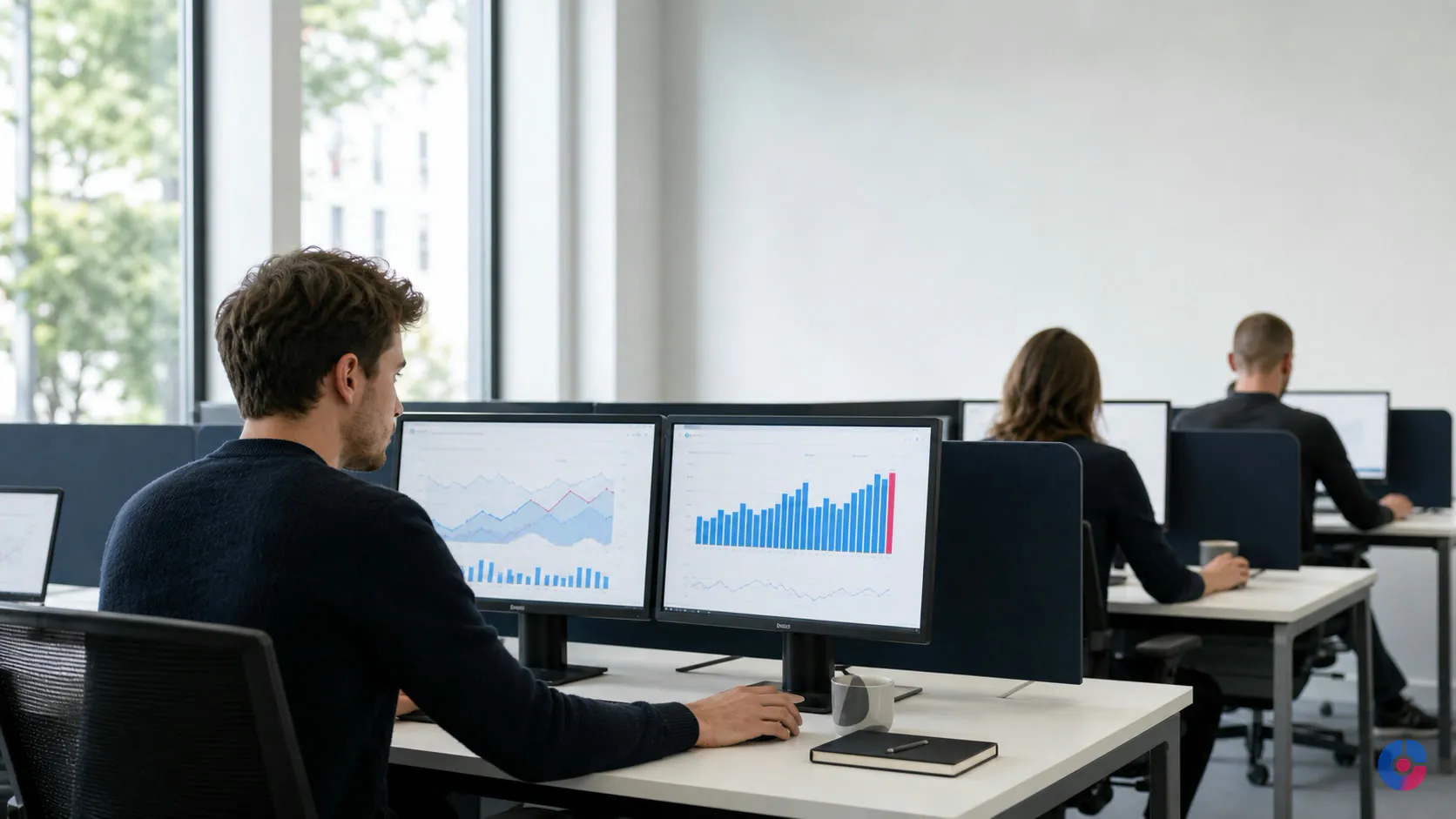 Remote data entry team working at clean paired workstations under natural daylight