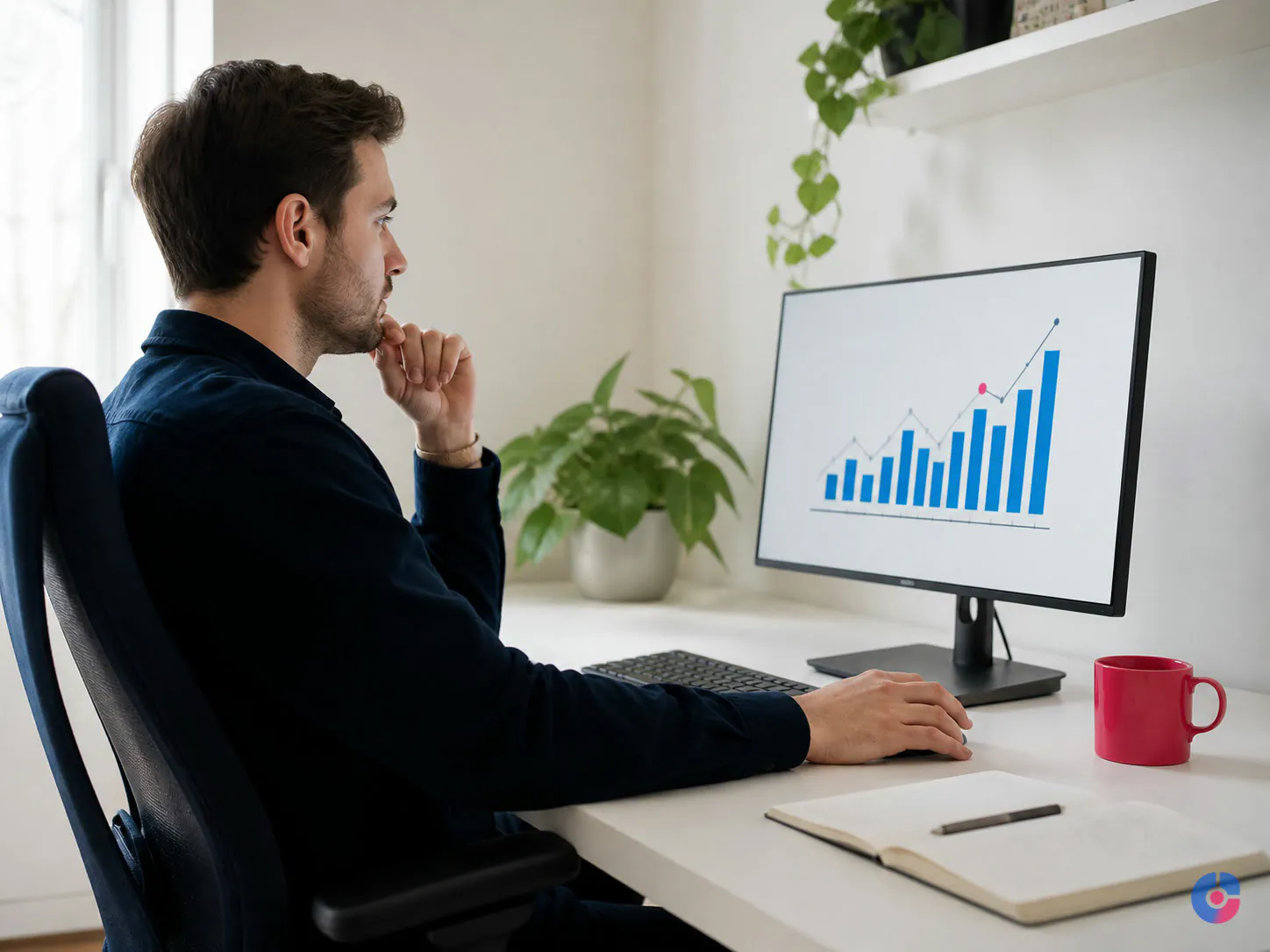 Remote employee working productively at a well organised home workspace