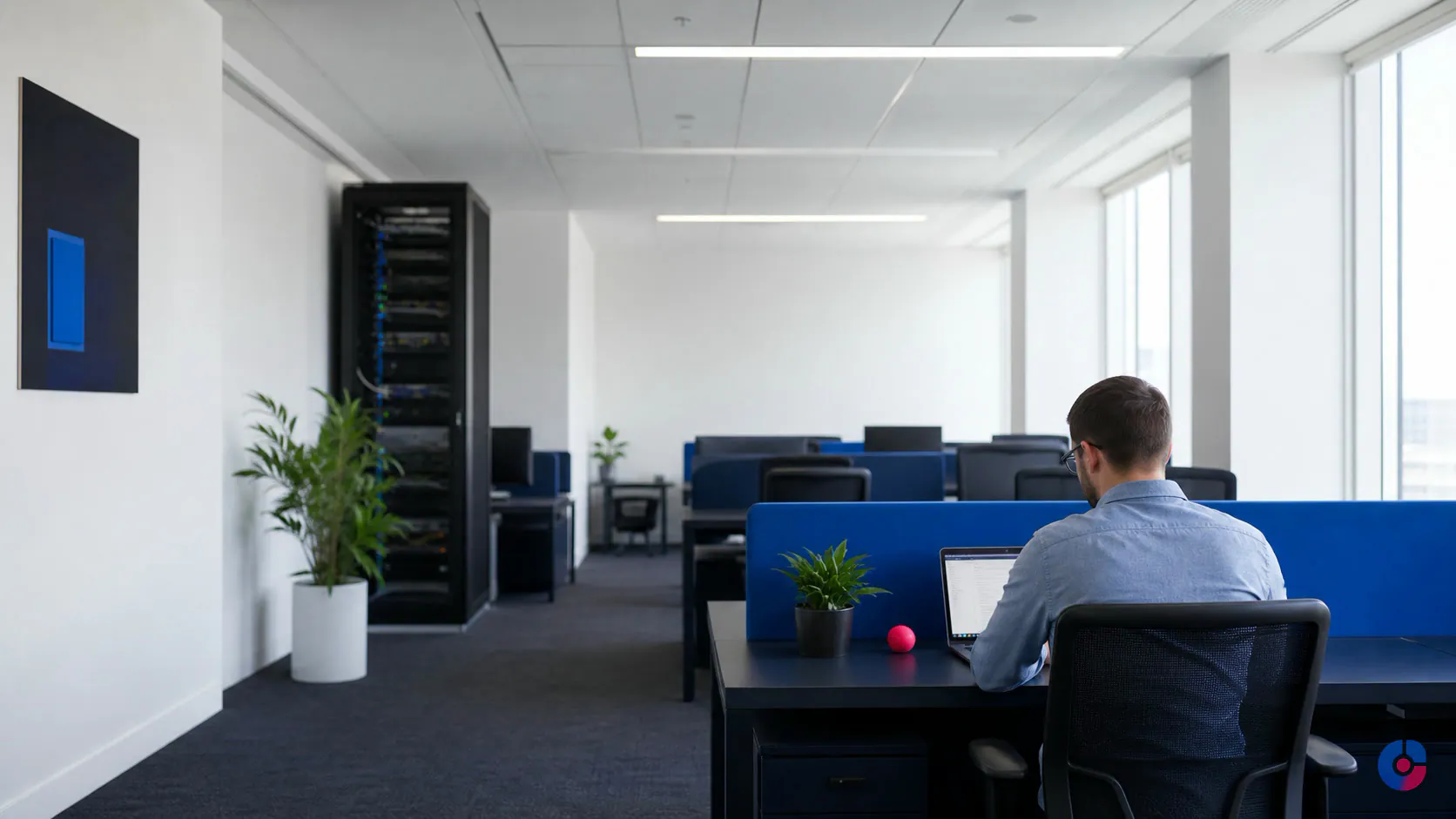 Managed office floor where hosted remote employees work on provisioned workstations