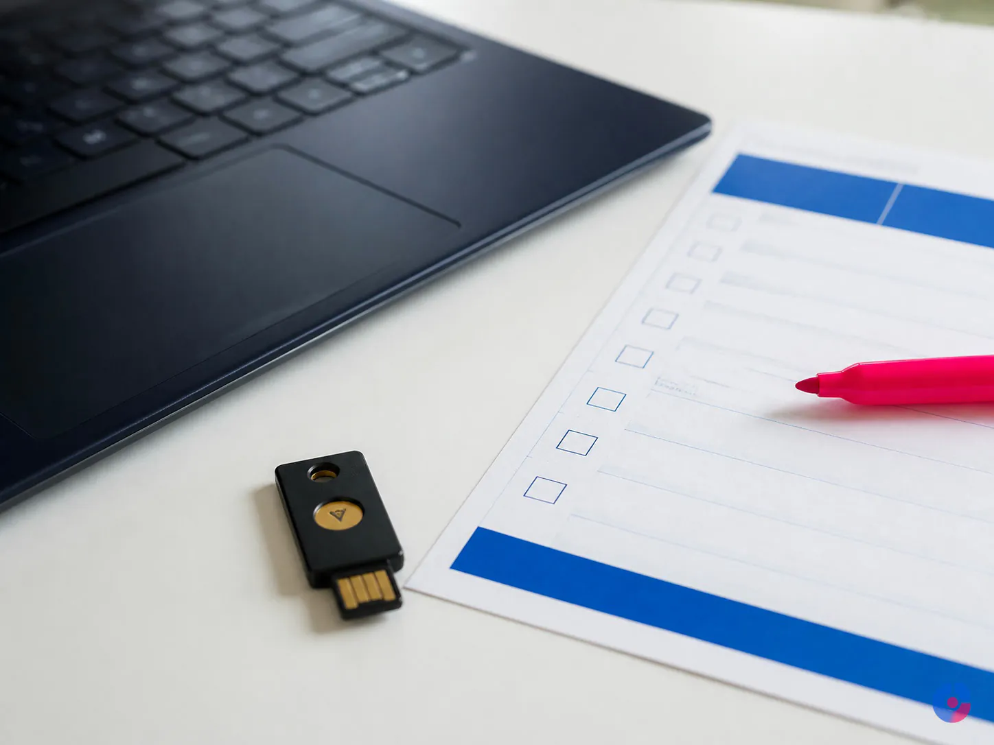 Laptop security key and access checklist prepared for a new remote employee