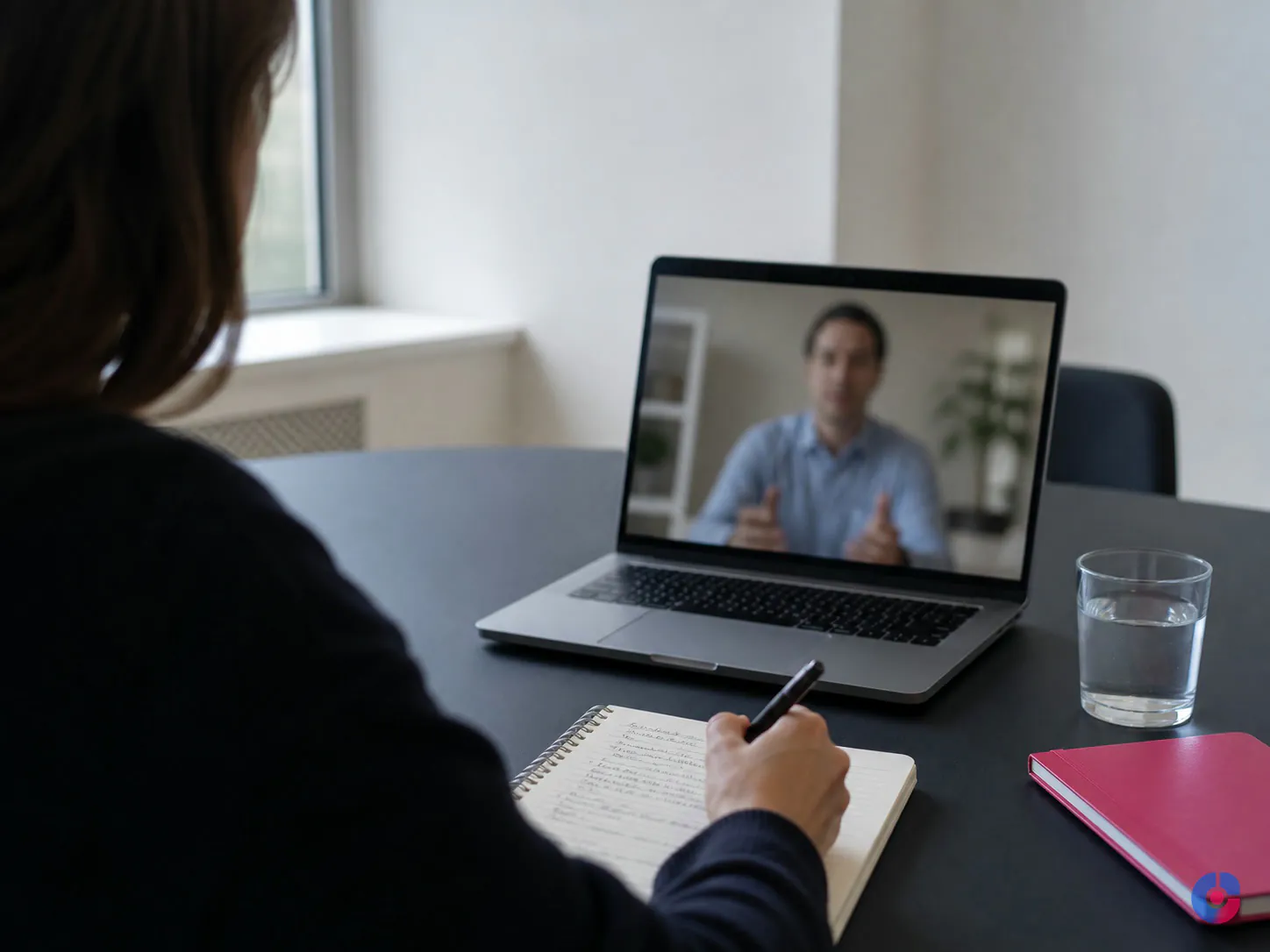 Interviewer taking notes during a scheduled remote candidate interview