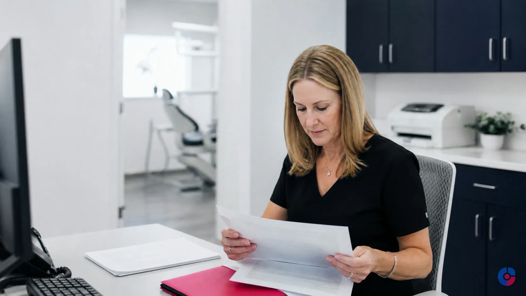 Practice manager reviewing claim summaries supported by a remote medical billing assistant