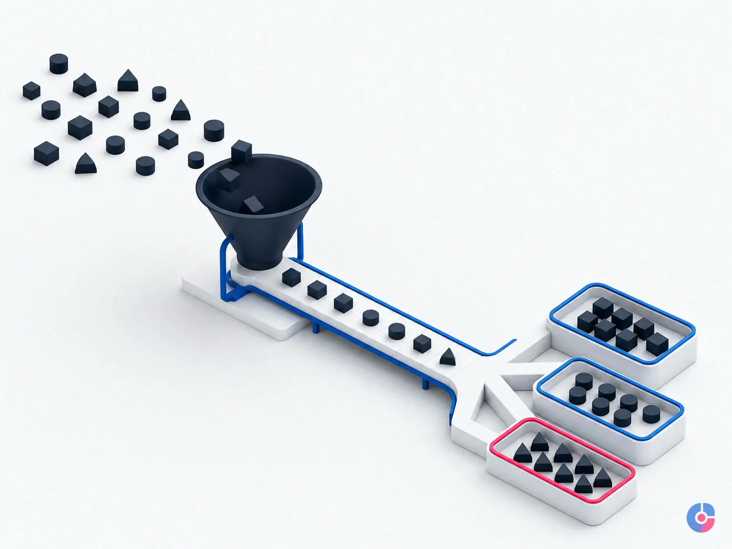 Isometric render of a work intake queue feeding a remote operations team