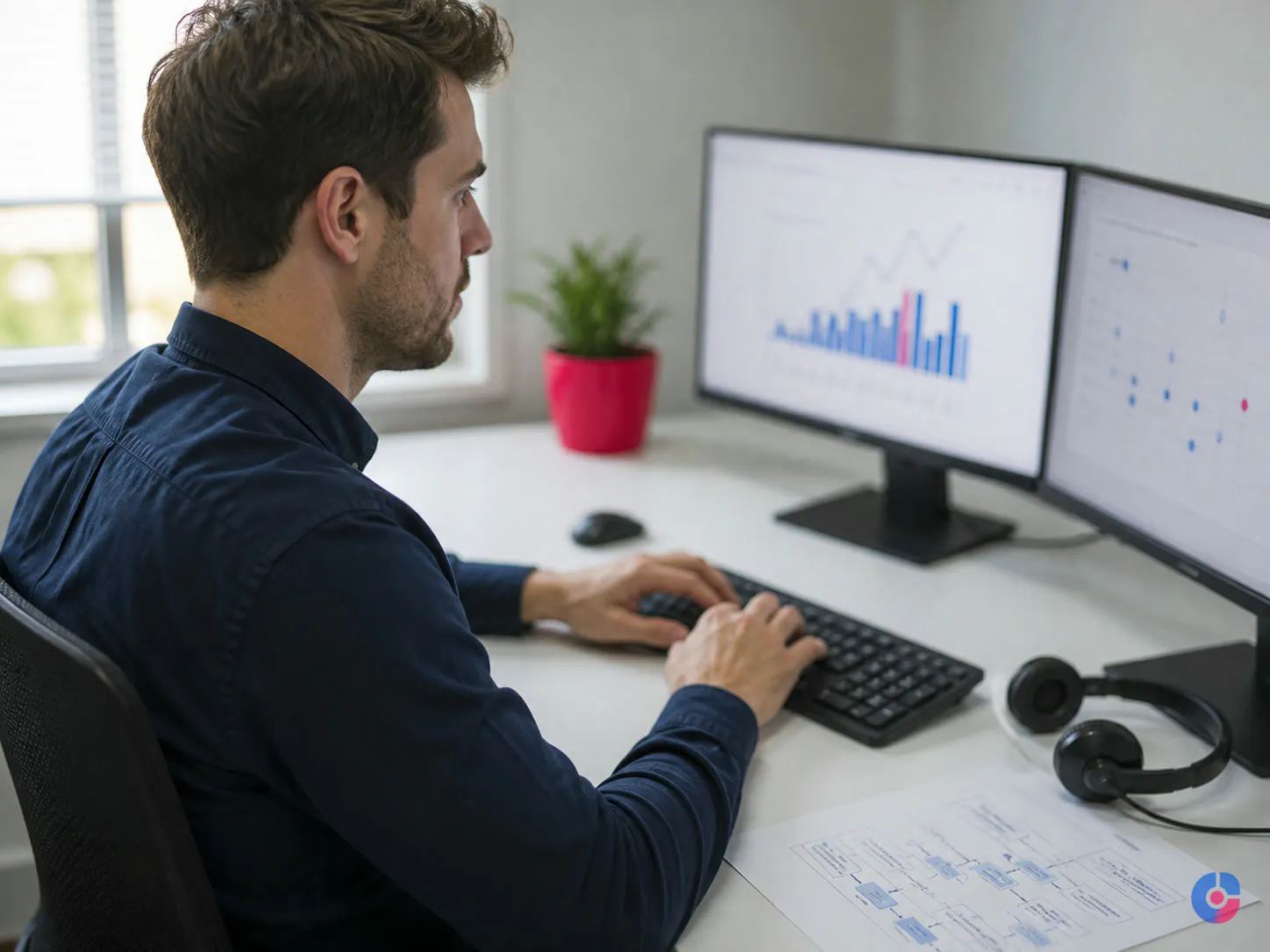 Operations specialist working a daily queue at a two monitor remote workstation