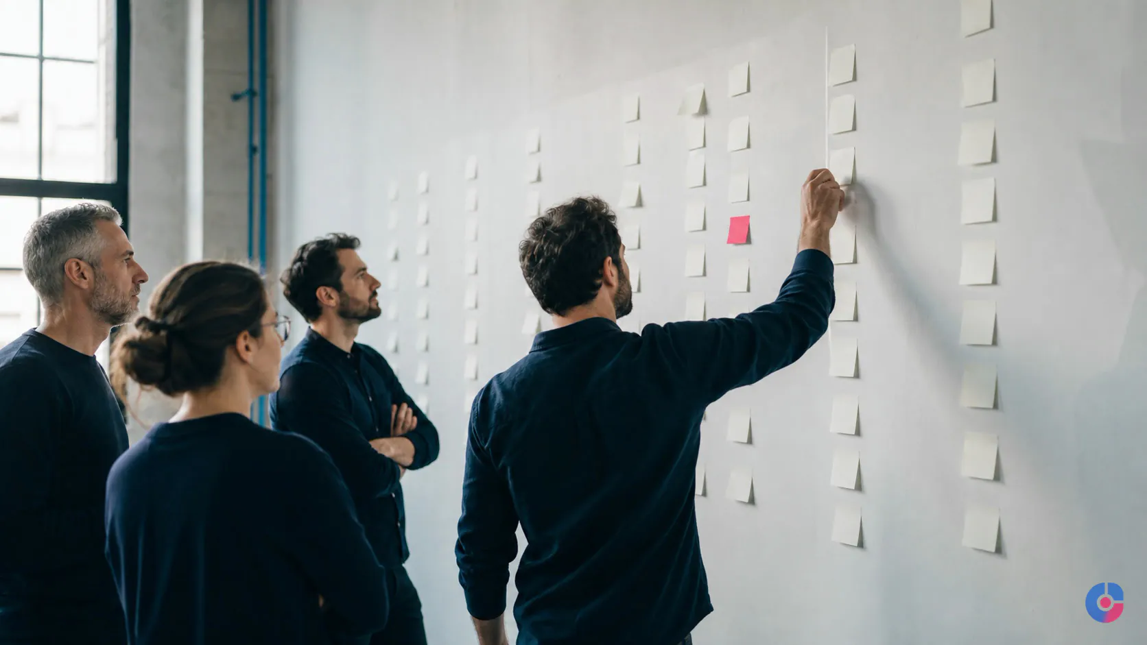 Operations team mapping a business process on a wall to find queue points and delays