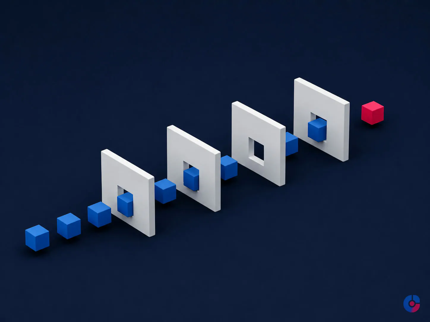 Isometric render of roles passing through a four-part remote suitability test