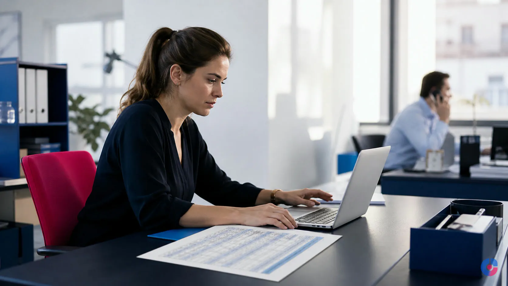 Sales support specialist preparing a proposal while a rep takes a call nearby