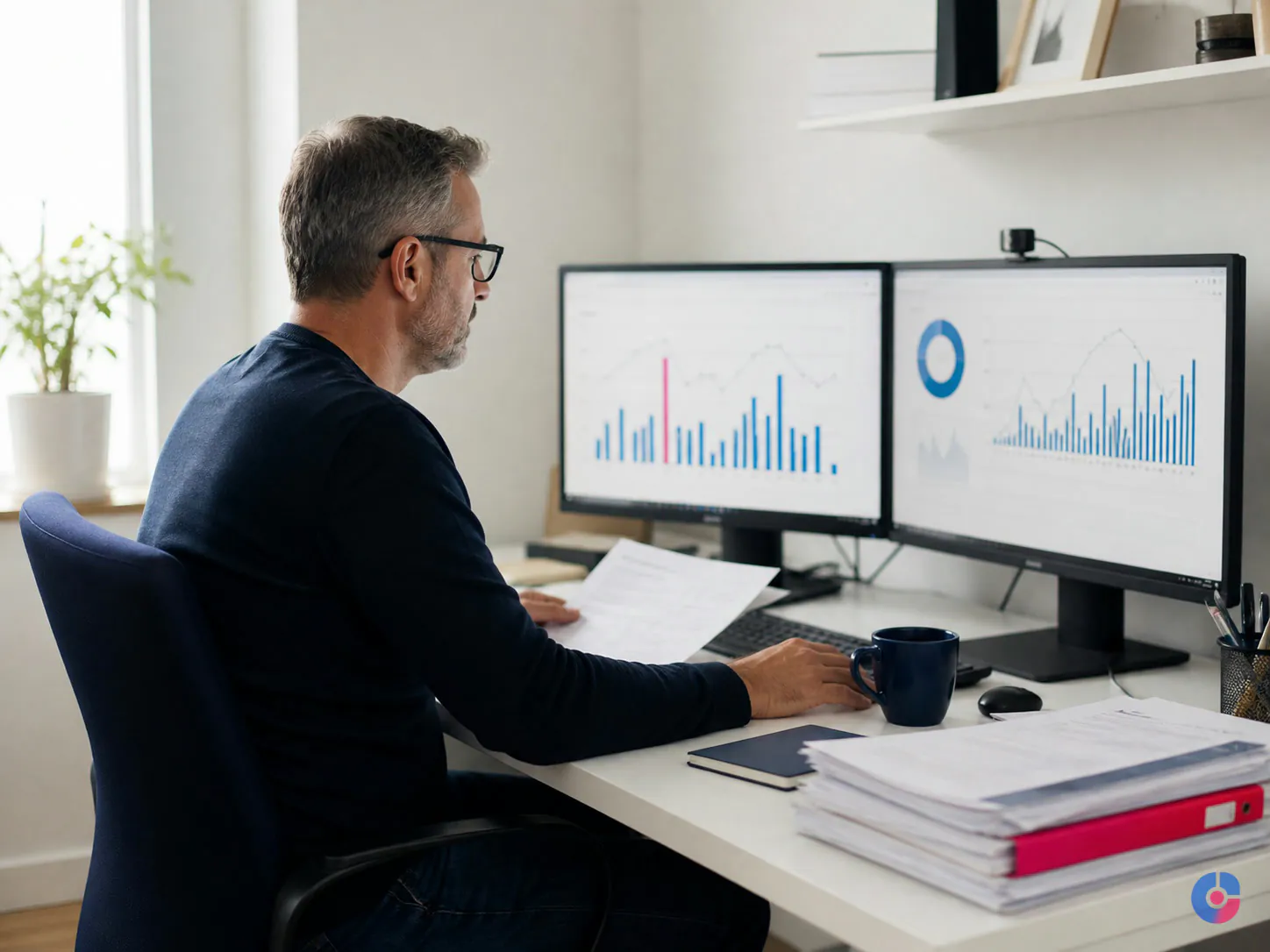 Remote staff member steadily processing routine business documents from home