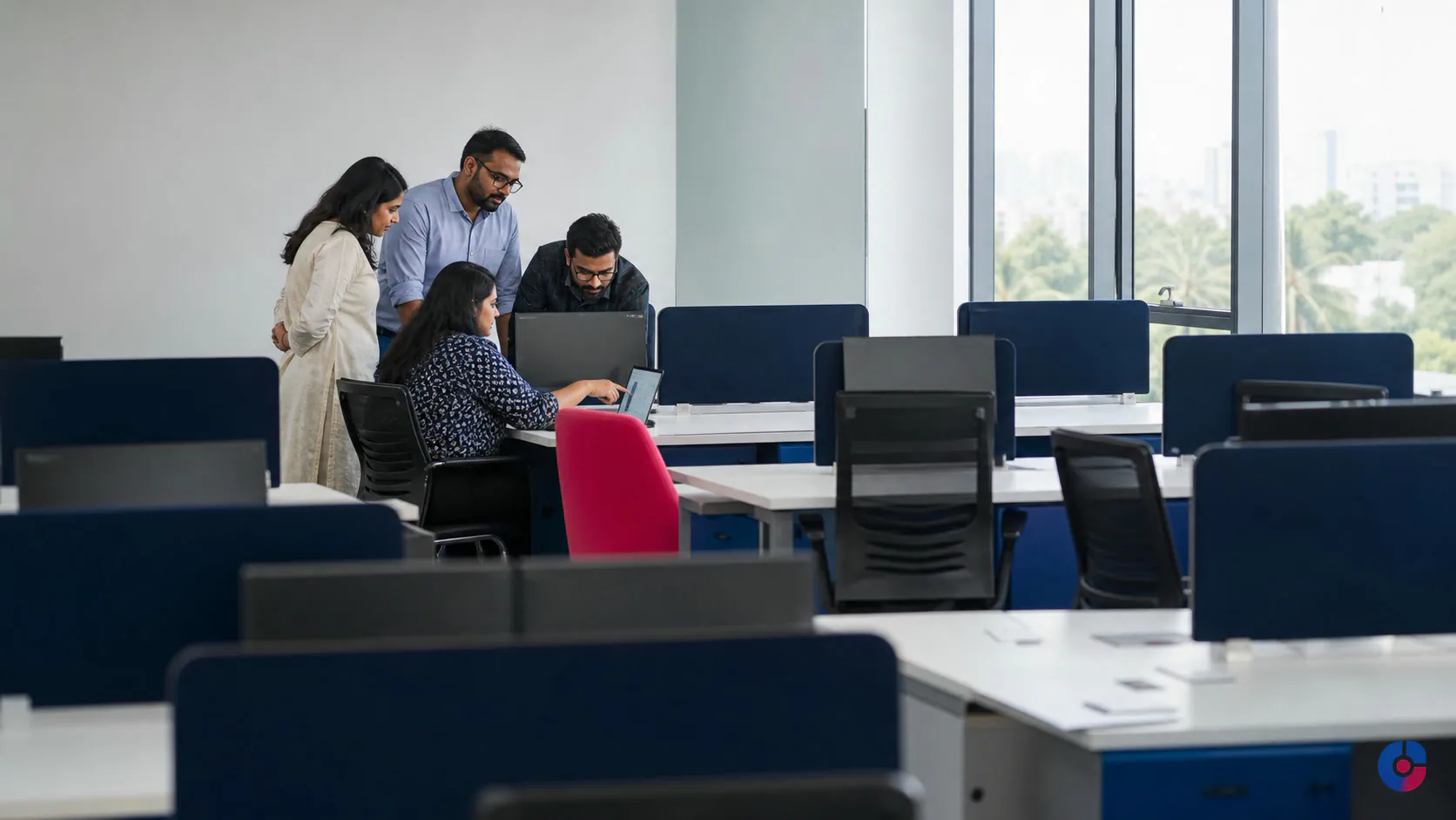 Modern managed office floor where a remote staffing team works for overseas clients