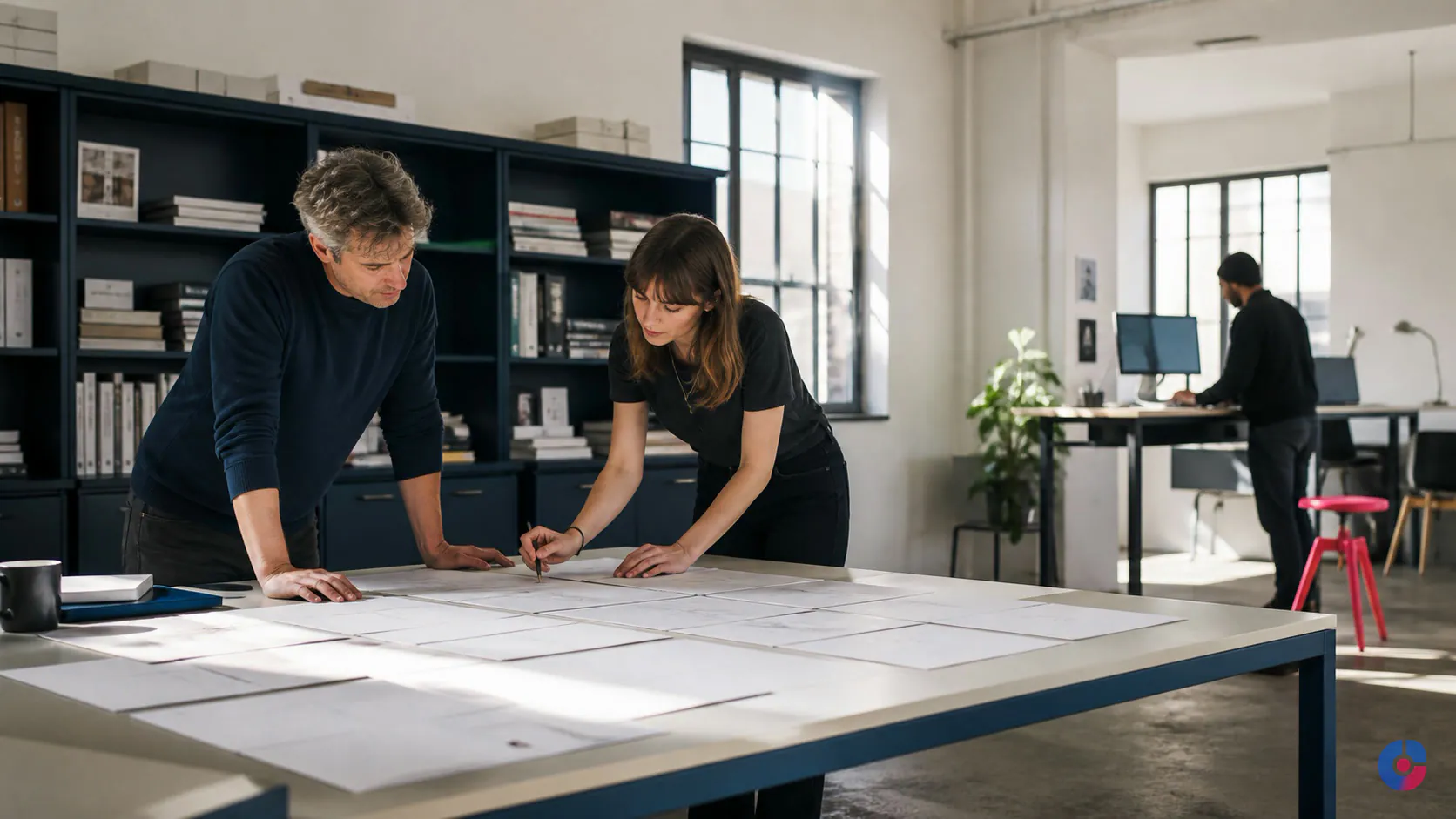 Digital agency studio where senior staff review work produced by a remote delivery team