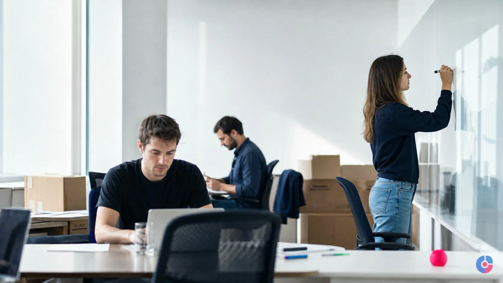 Small startup team working in a sparse office while deciding how to staff the next role
