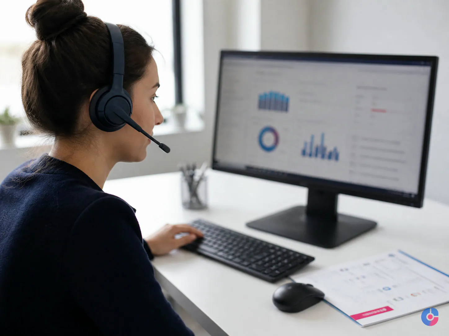 Remote support agent handling a customer call with a printed guideline sheet nearby