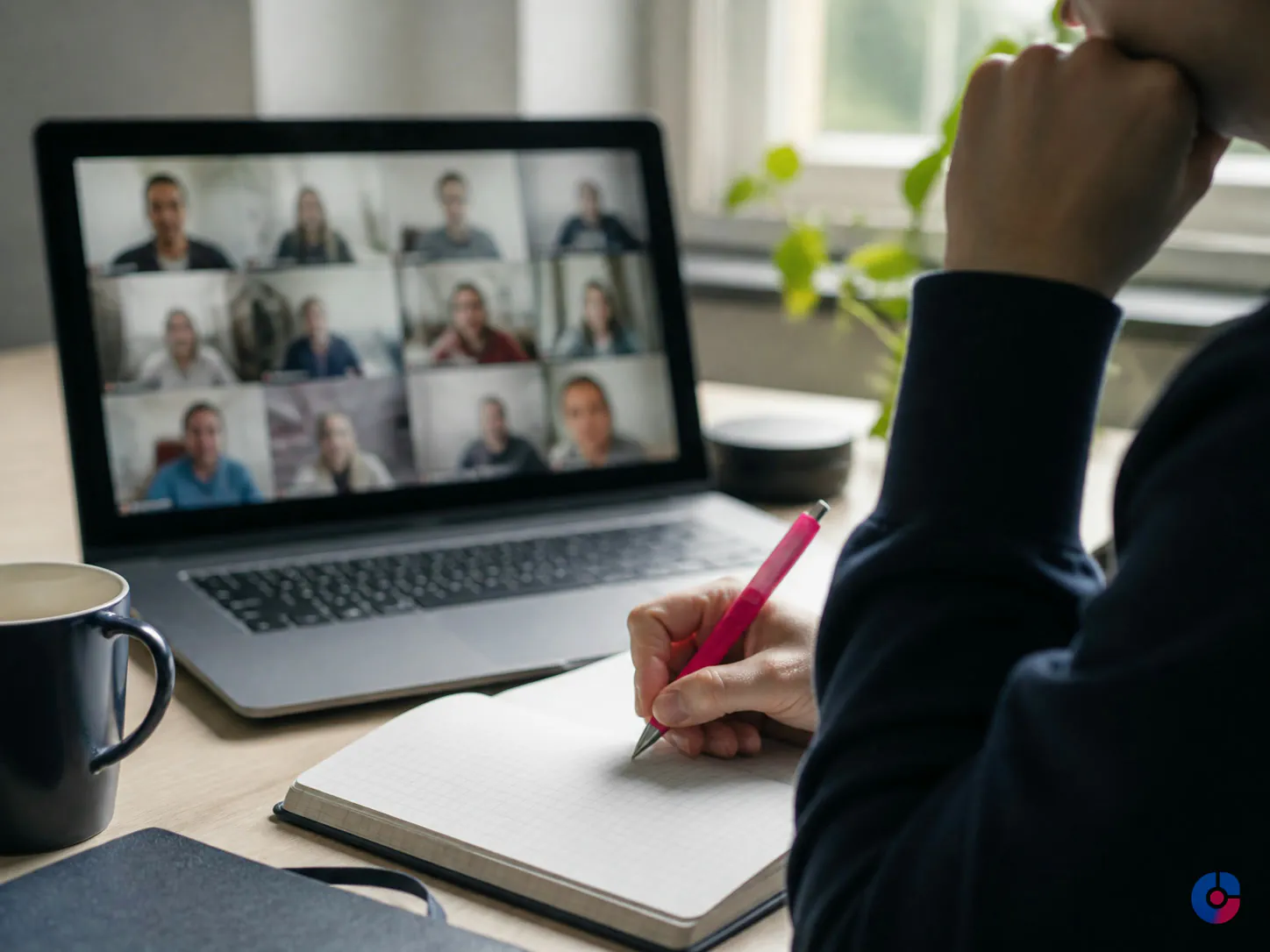 Person taking notes during a remote team briefing call