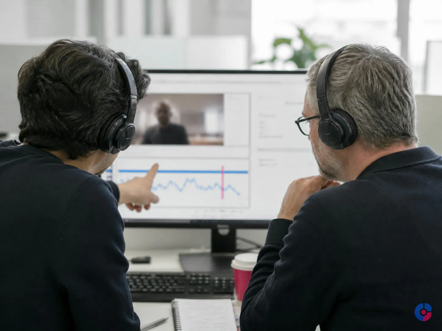 Supervisor coaching a new team member while reviewing a recorded customer call