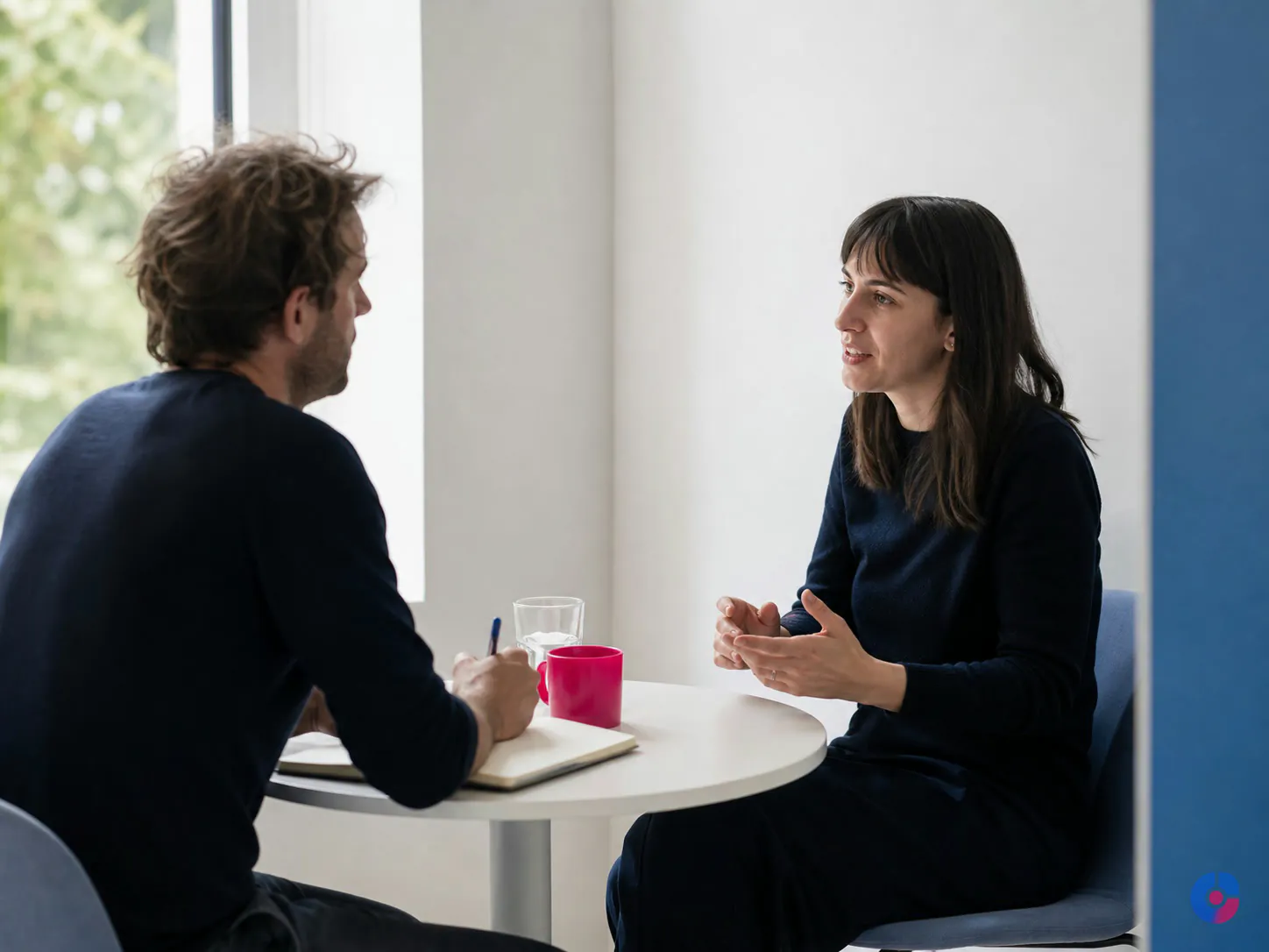Manager and team member in a candid one to one performance conversation