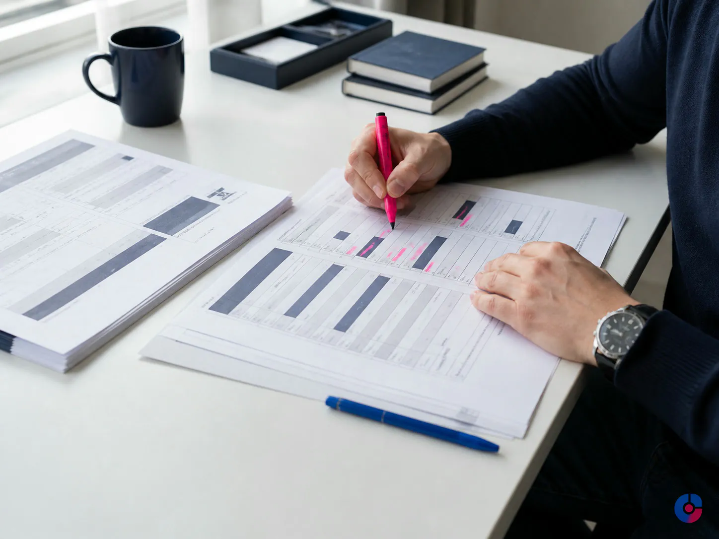 Reviewer scoring a sample of remote work against a printed quality rubric