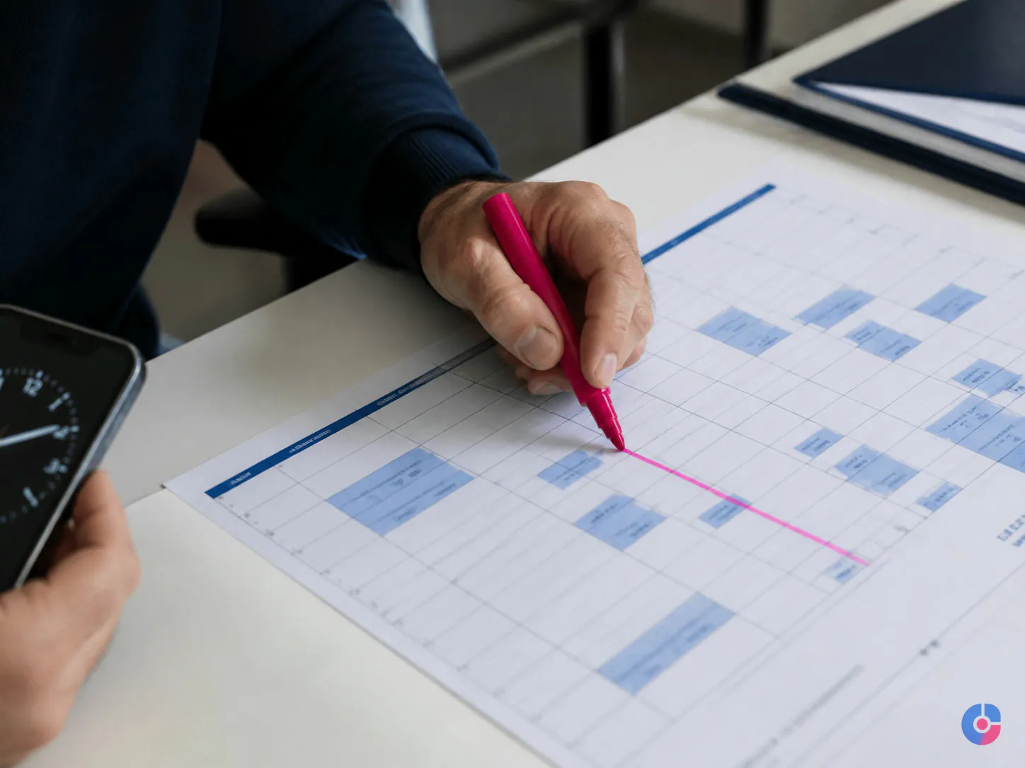 Hand striking a recurring meeting from a printed weekly schedule