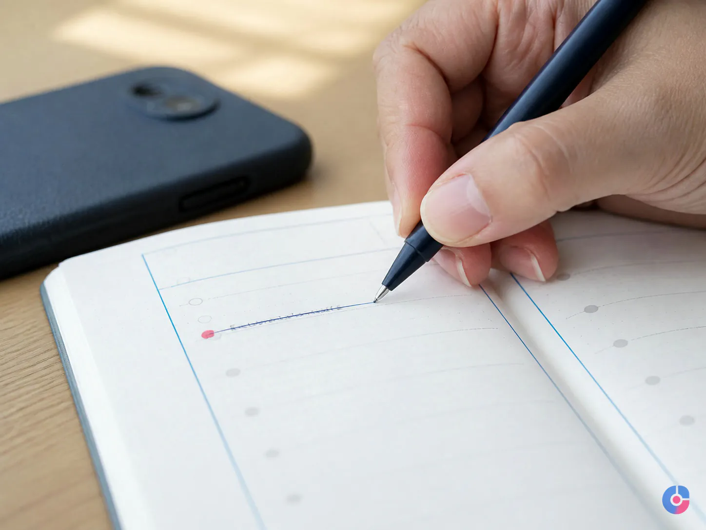 Hand striking out a recurring meeting while reviewing a weekly planner
