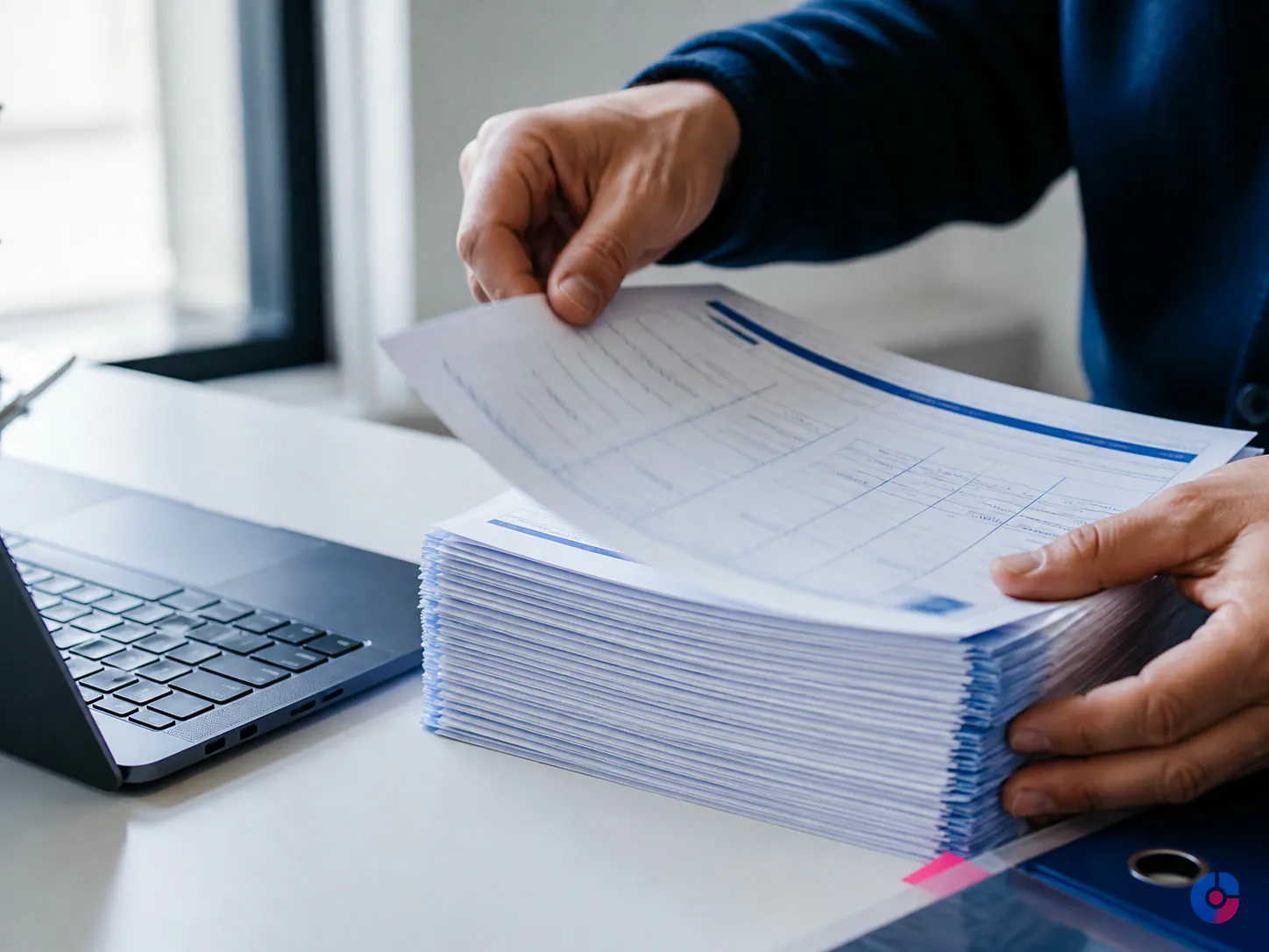 Hands stacking repetitive paperwork typical of tier one outsourceable back office tasks