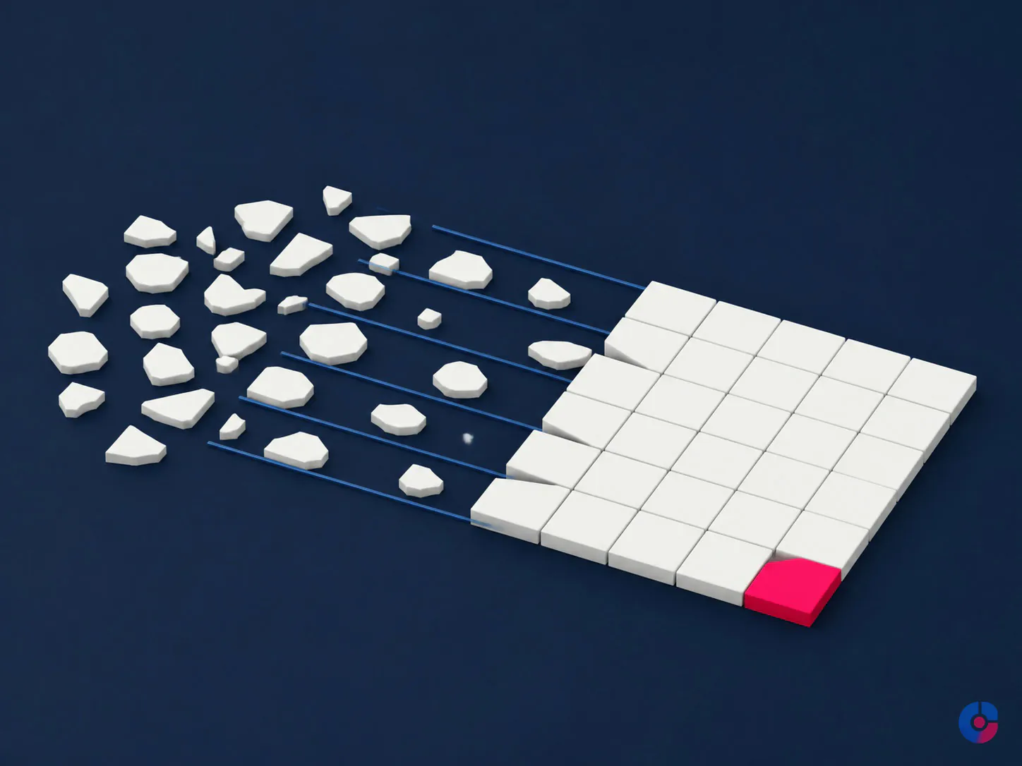 Isometric concept of scattered research findings sorted into a comparison grid